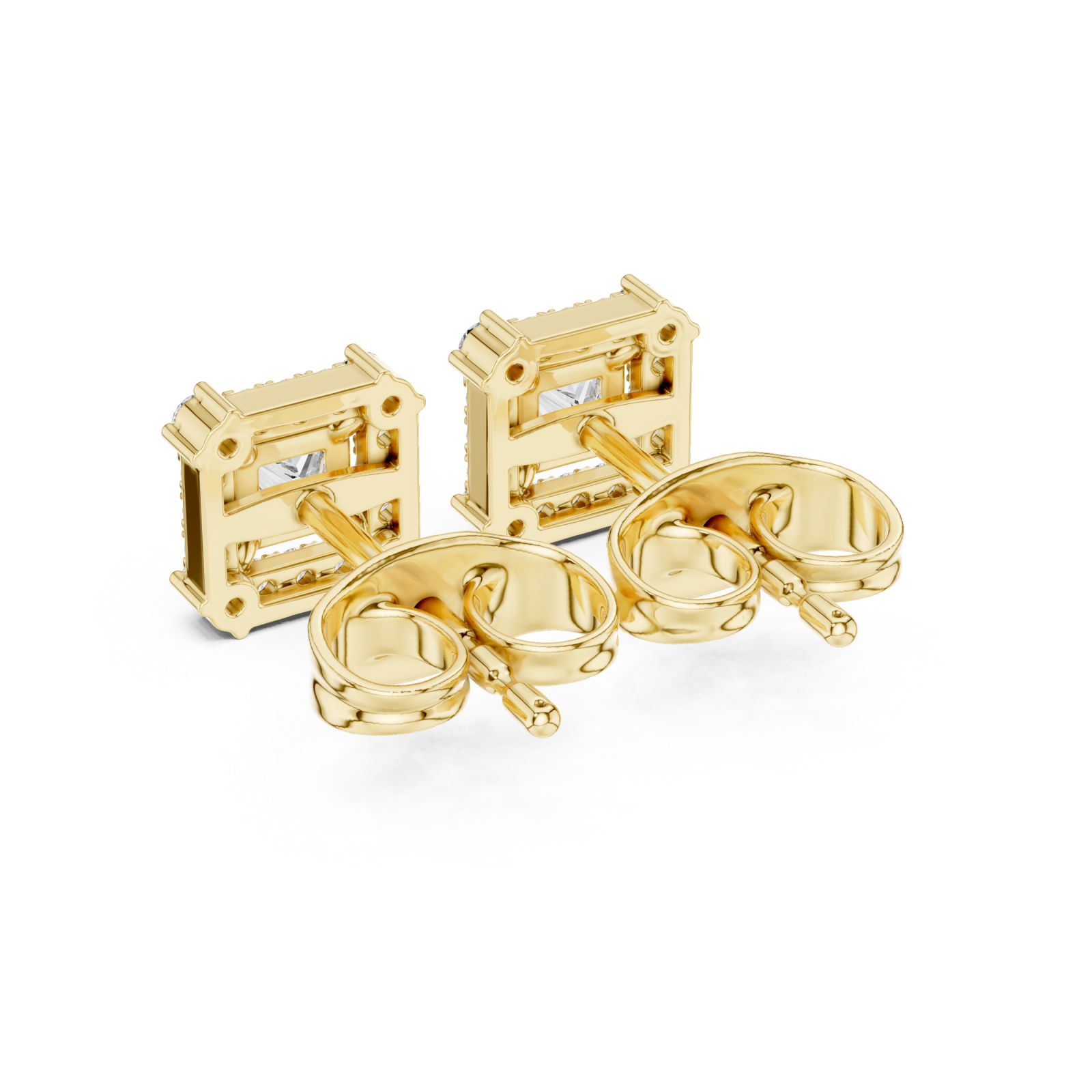  Gold Radiant Halo Stud Princess Earrings Side View