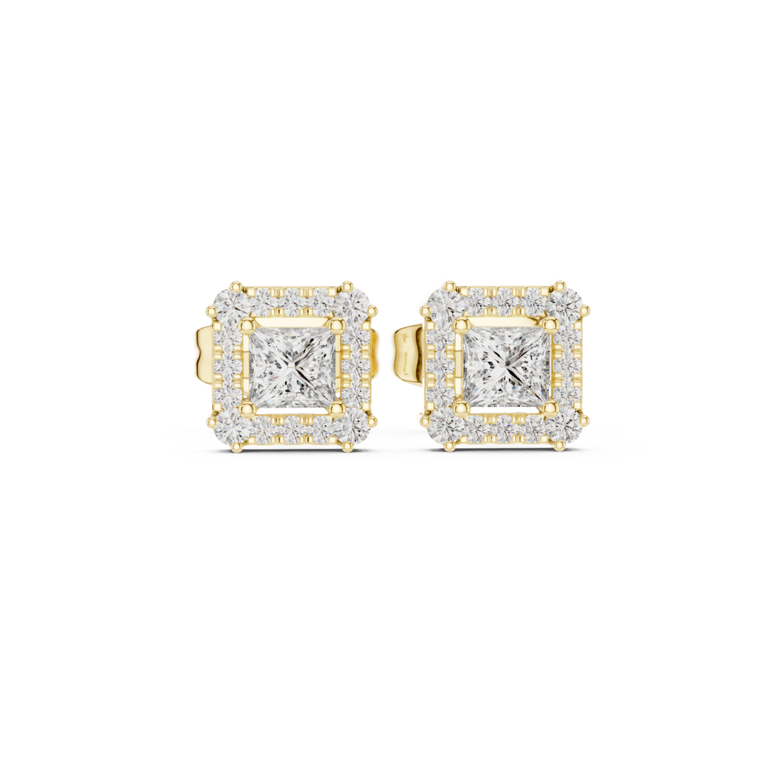 Gold Radiant Halo Stud Princess Earrings Right View