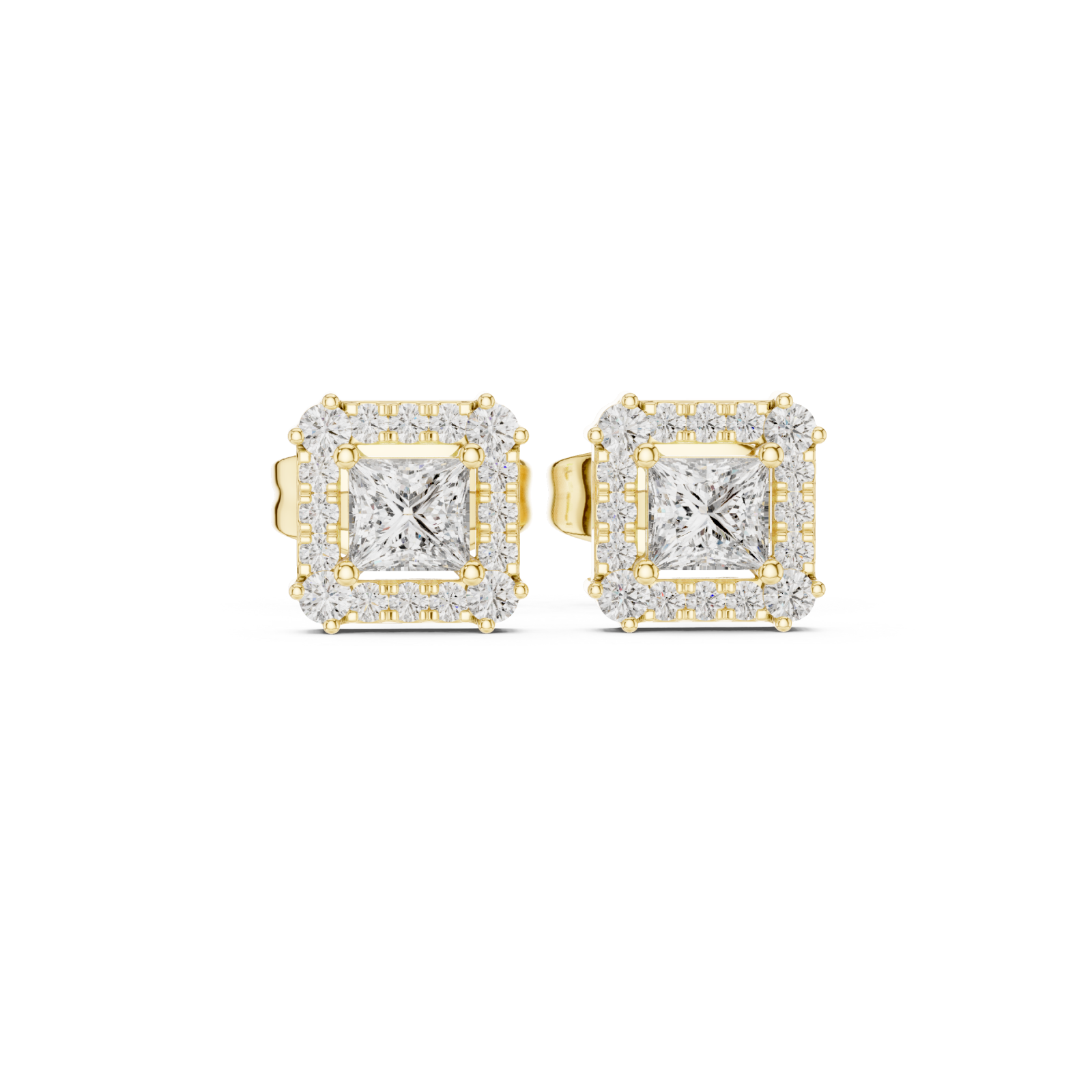  Gold Radiant Halo Stud Princess Earrings Front View