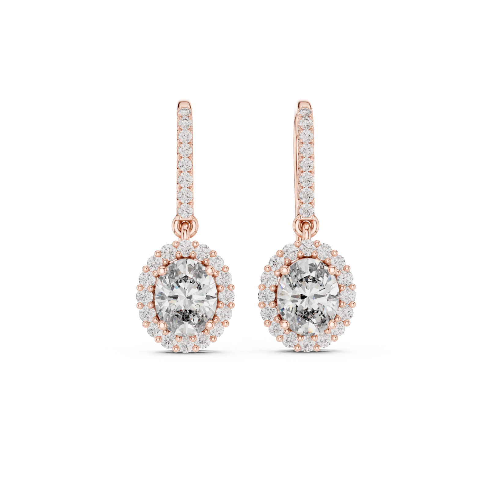  Rose Gold Radiant Halo Drop Earrings Front View