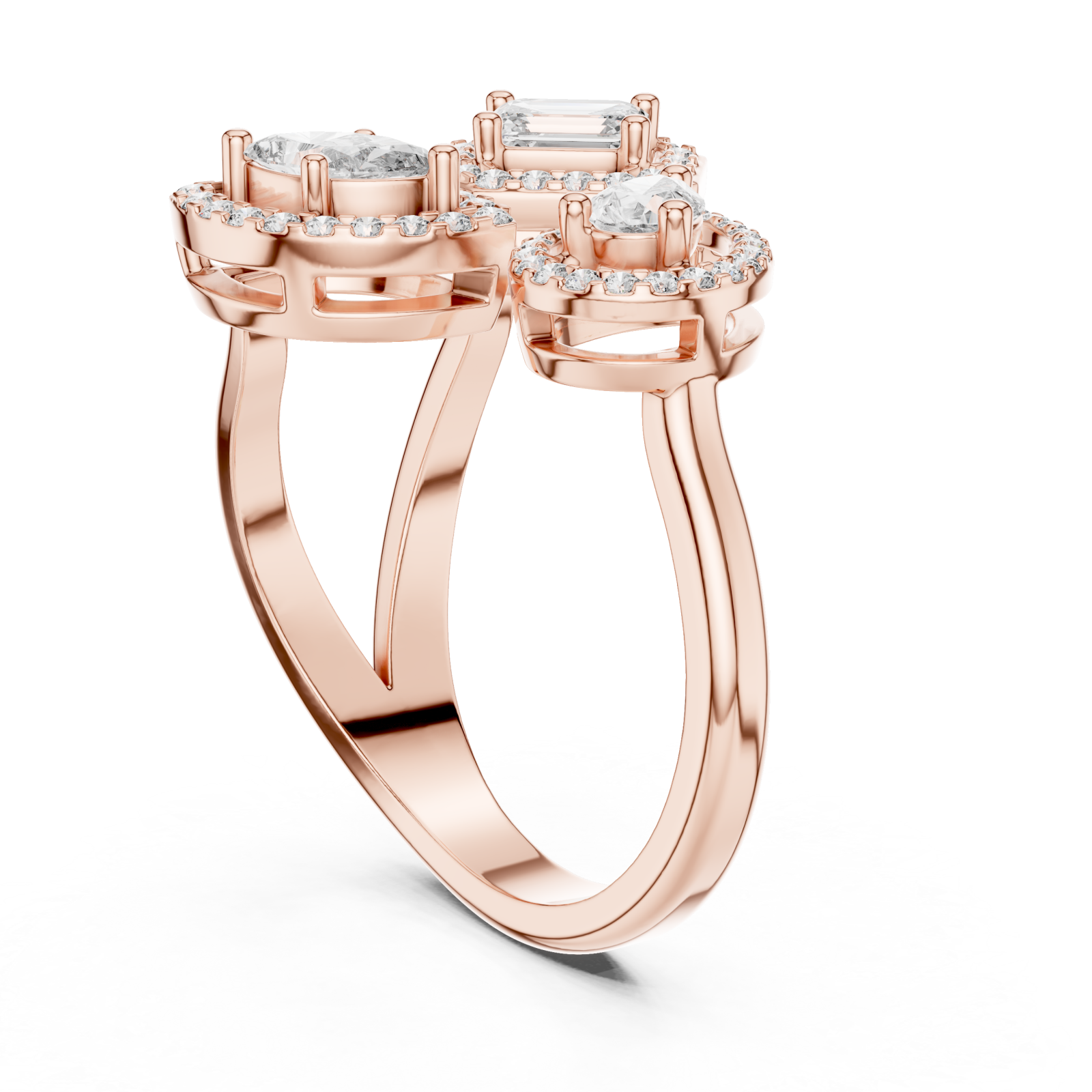  Rose Gold Opulent Cascade Triad Elegance Ring Left View