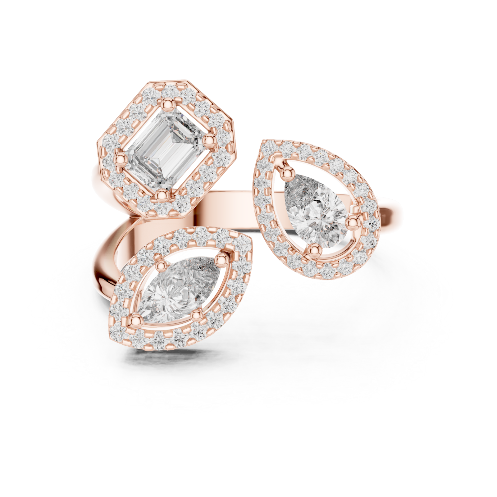  Rose Gold Opulent Cascade Triad Elegance Ring Front View