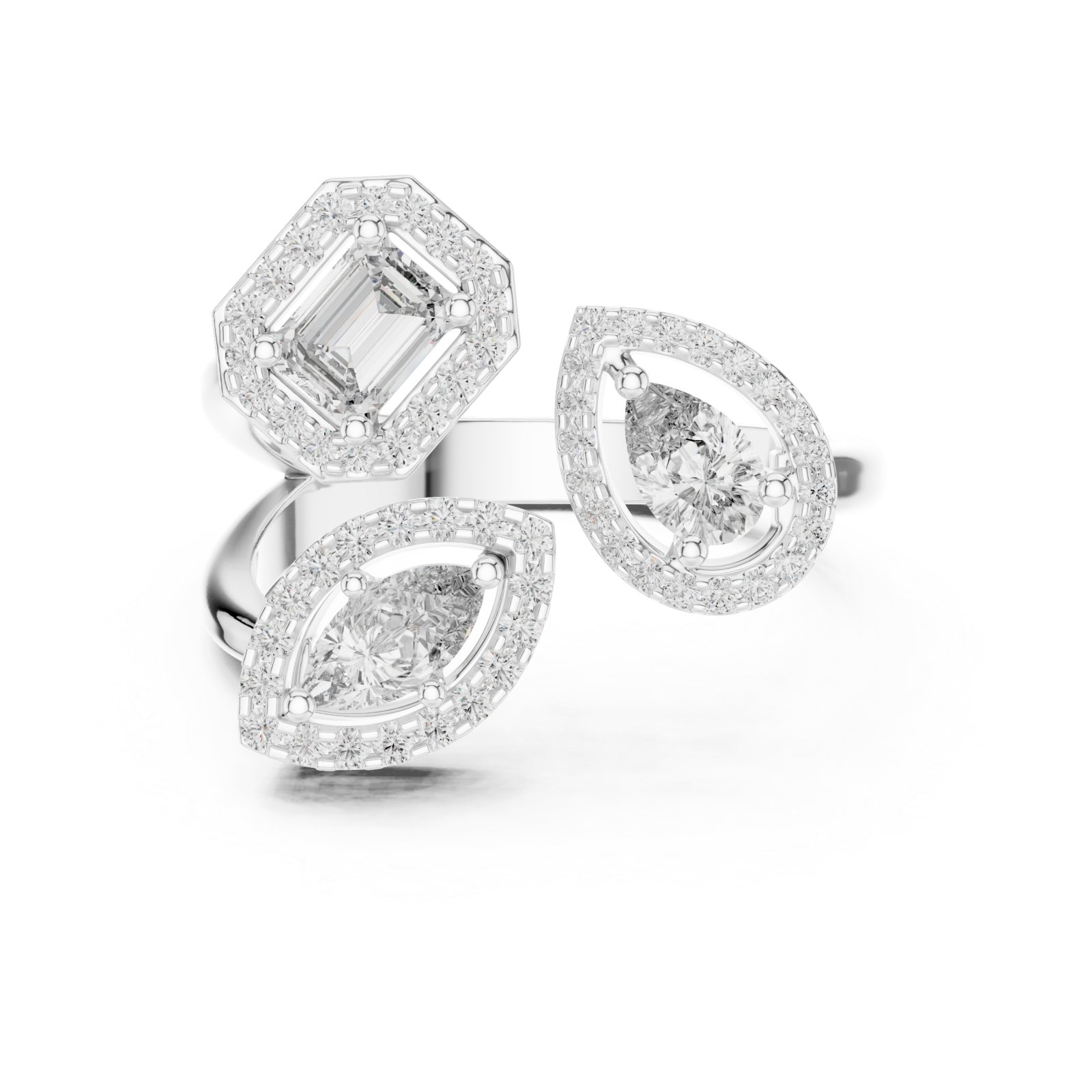  White Gold Opulent Cascade Triad Elegance Ring Front View