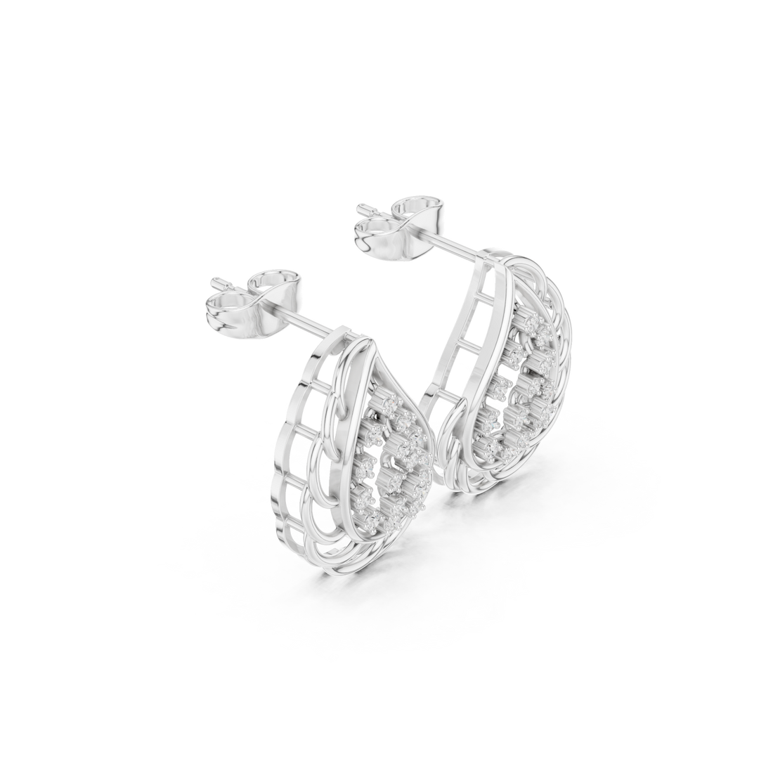  White Gold Radiant Lattice Pear Accent Earrings Front View