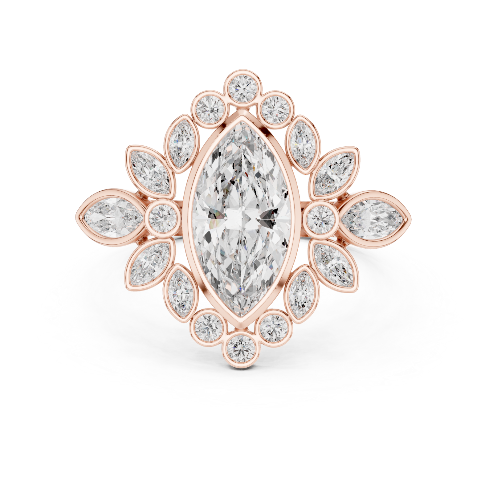  Rose Gold Lustrous Petal Halo Ring Front View
