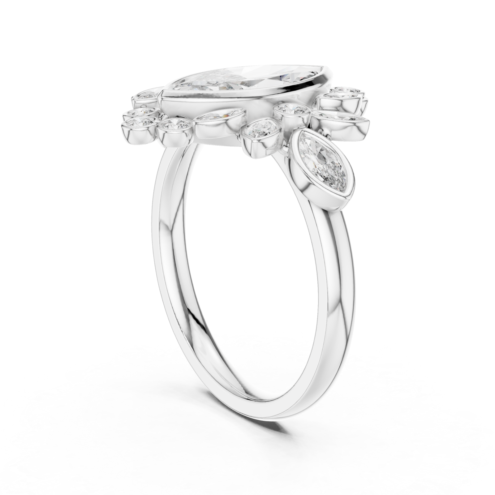  White Gold Lustrous Petal Halo Ring Left View