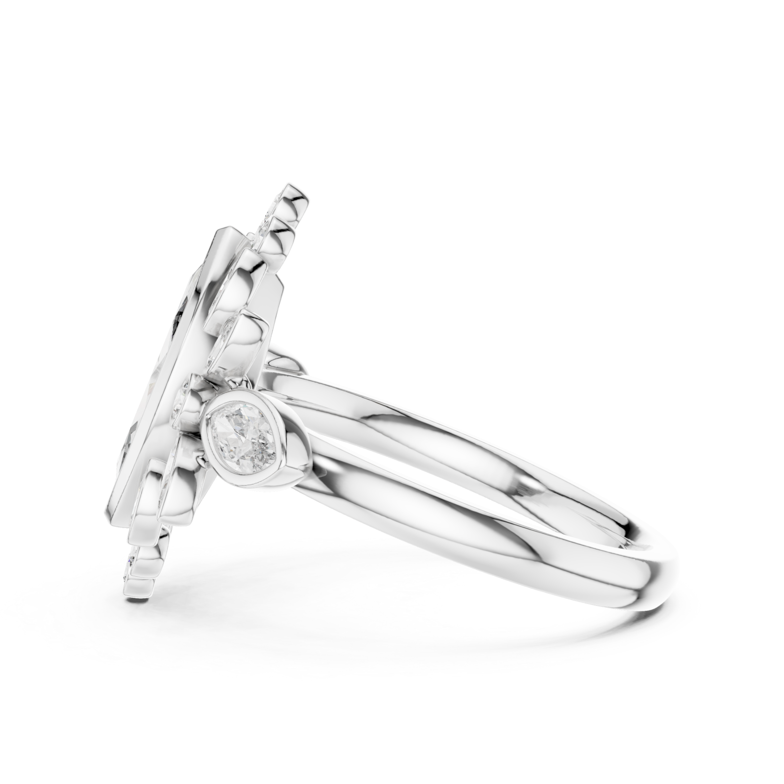  White Gold Lustrous Petal Halo Ring Side View