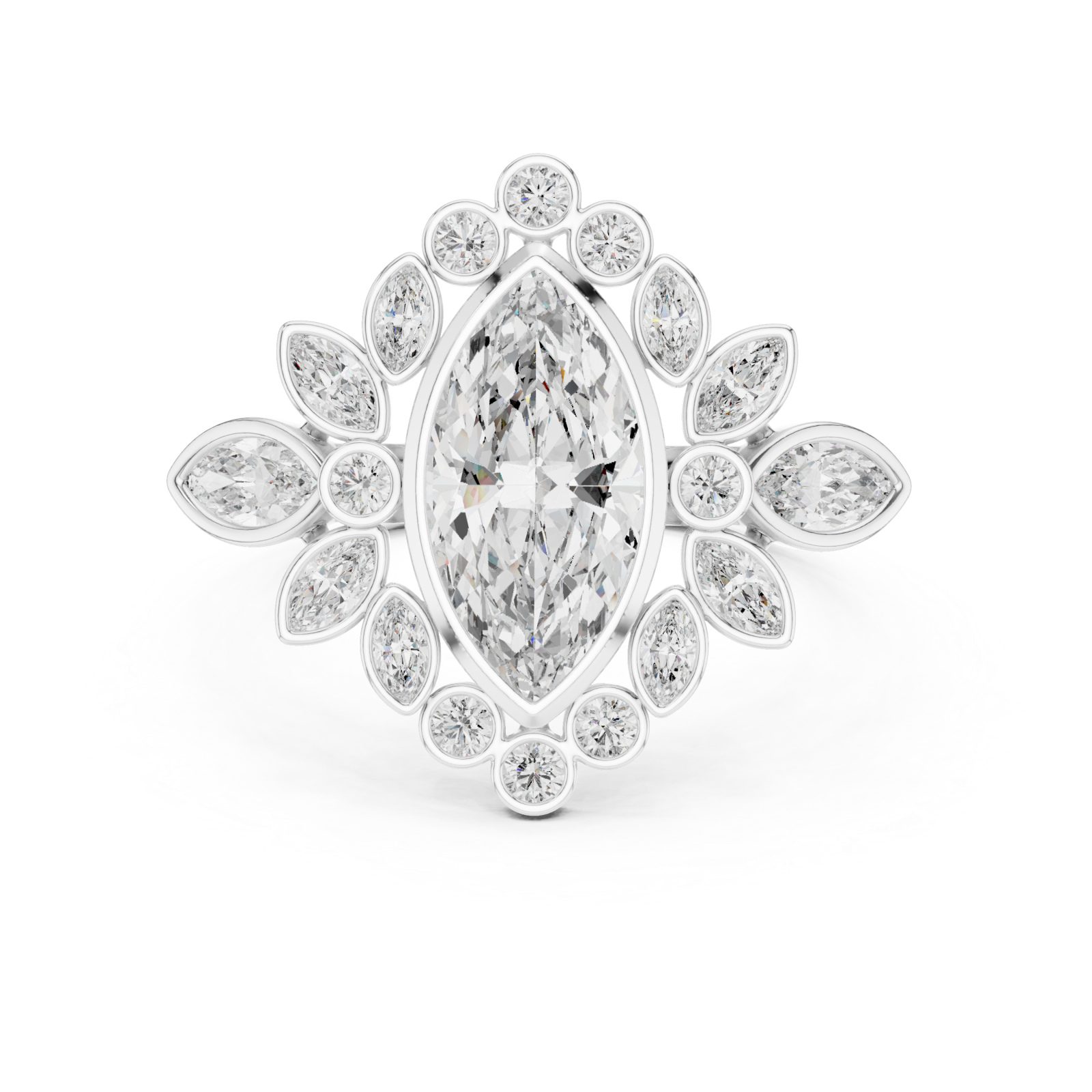 White Gold Lustrous Petal Halo Ring Front View