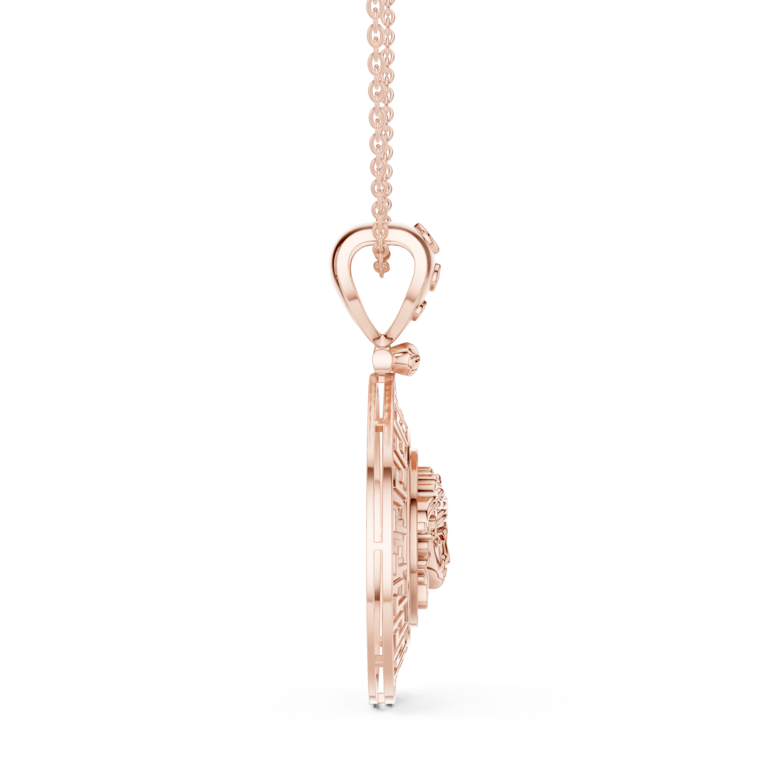  Rose Gold Ornate Mirage Round Pendant Necklace Side View