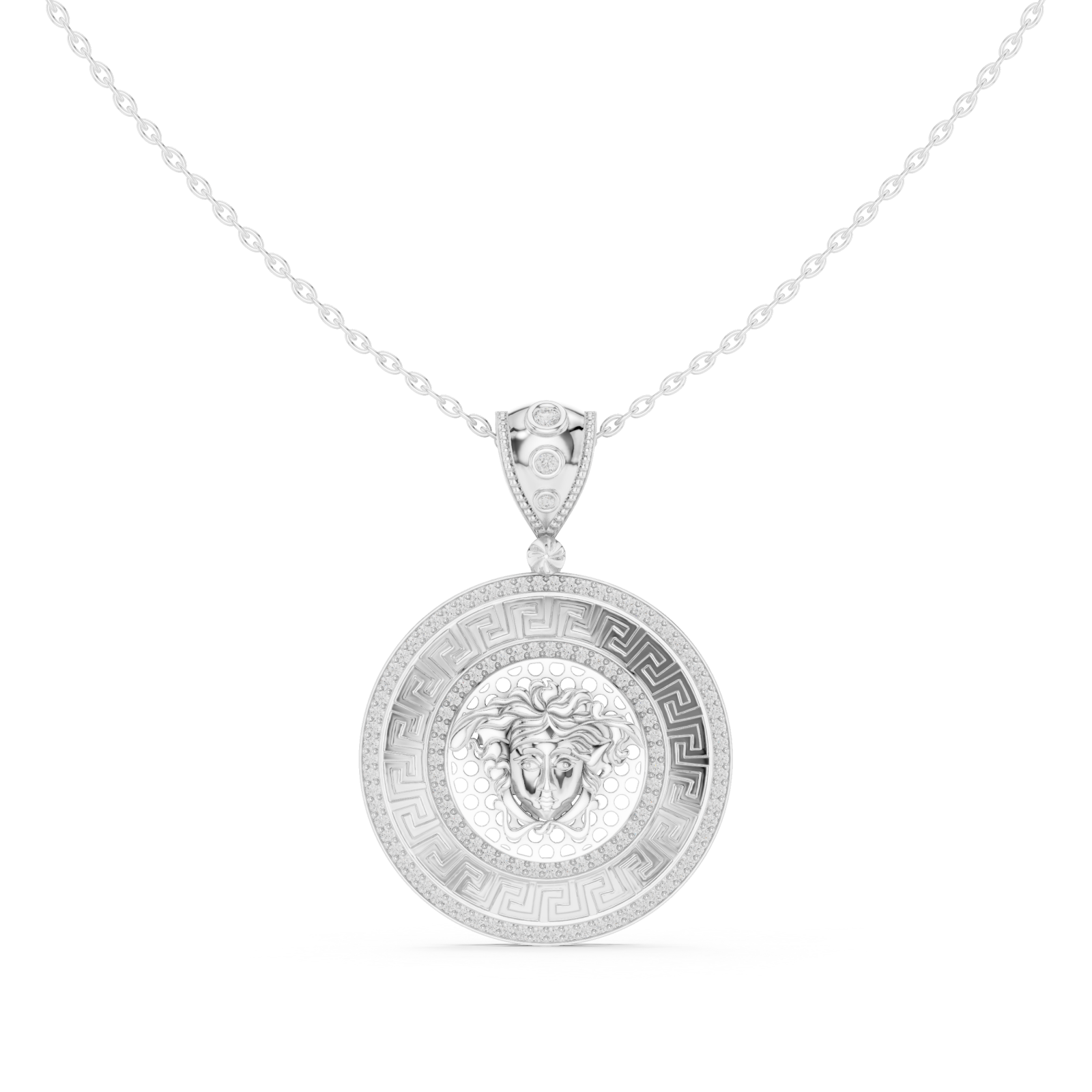  White Gold Ornate Mirage Round Pendant Necklace Front View
