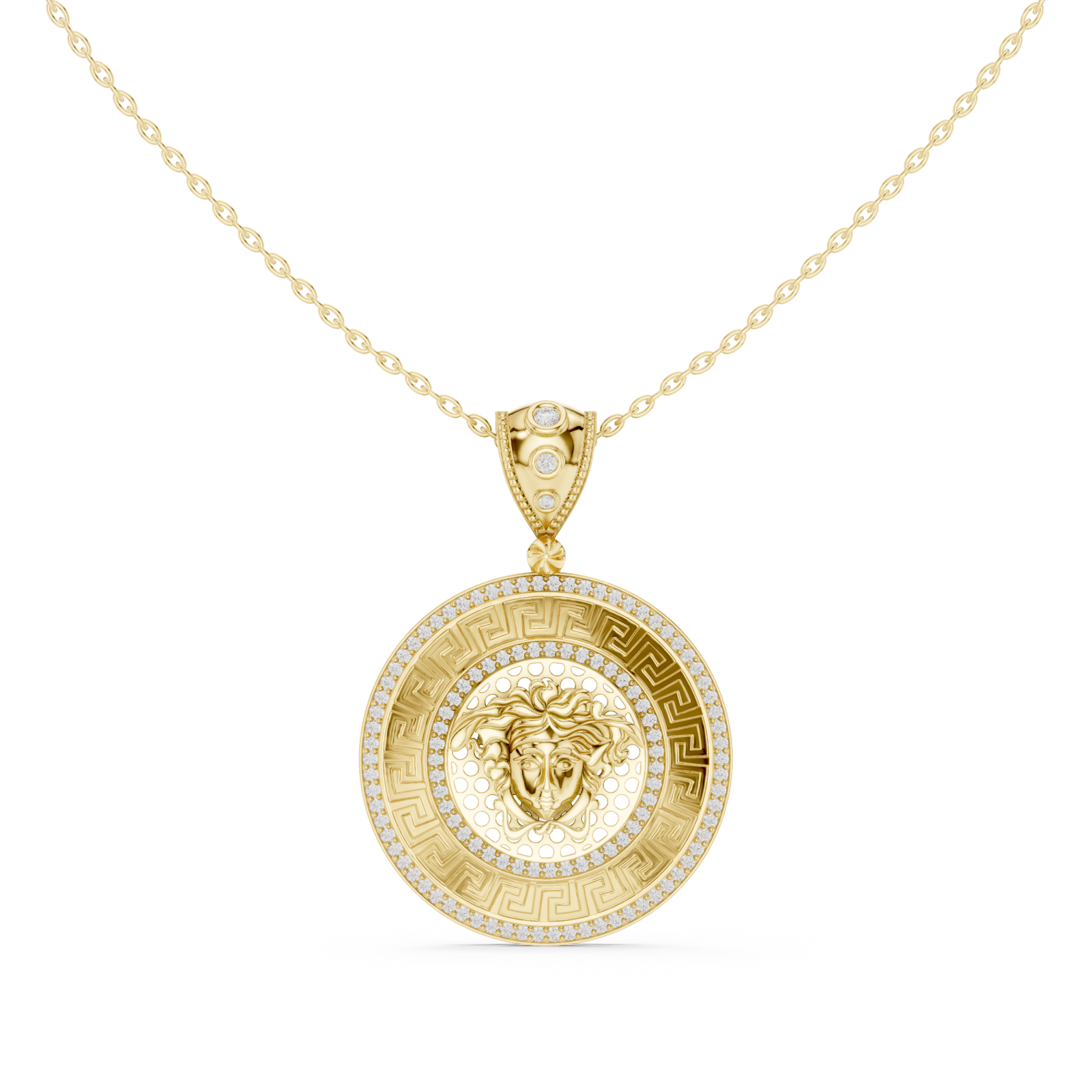  Gold Ornate Mirage Round Pendant Necklace Front View