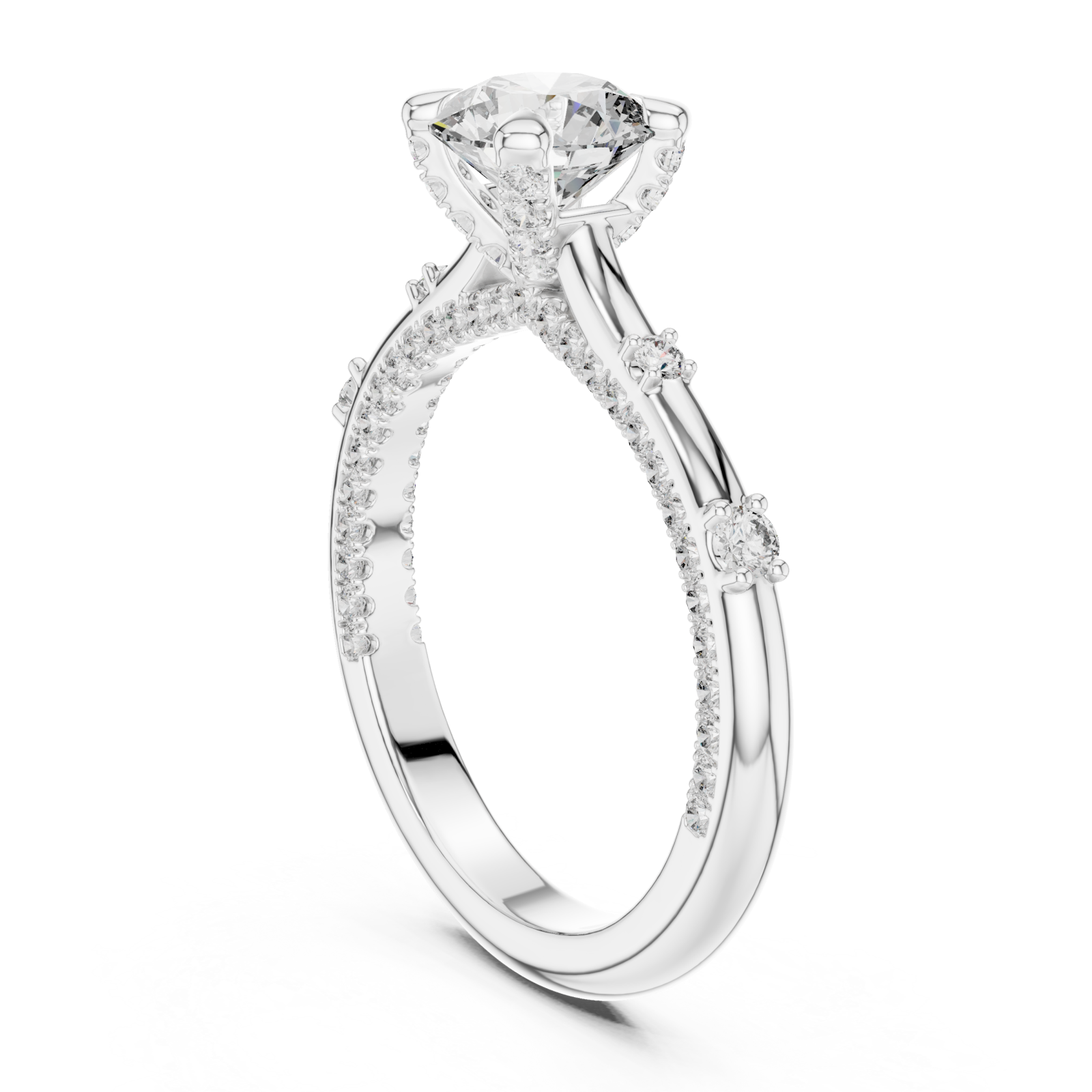  White Gold Opulent Cascade Accent Engagement Ring Left View