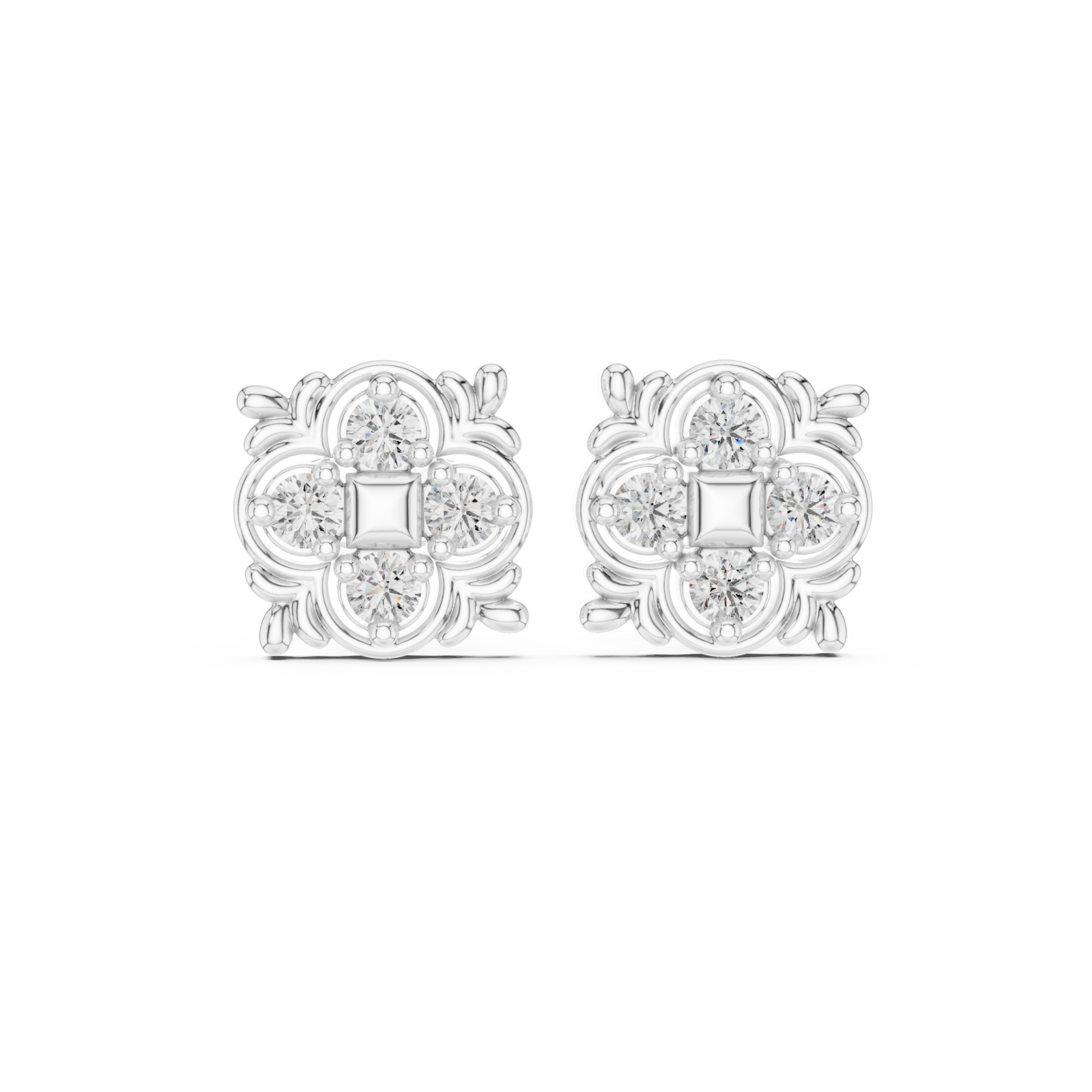  White Gold Radiant Square Petal Cluster Earrings Front View
