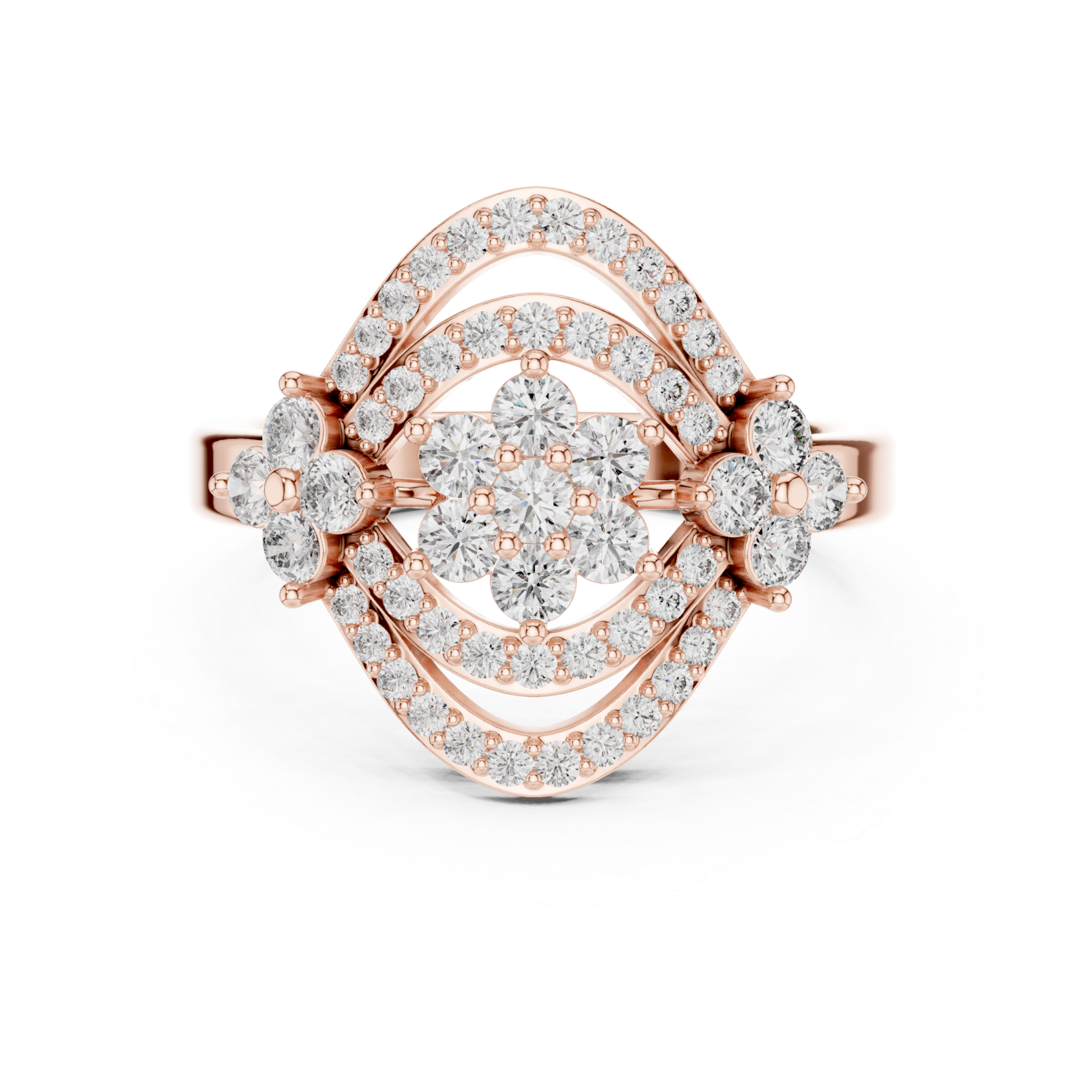  Rose Gold Radiant Halo Contour Band Ring Front View