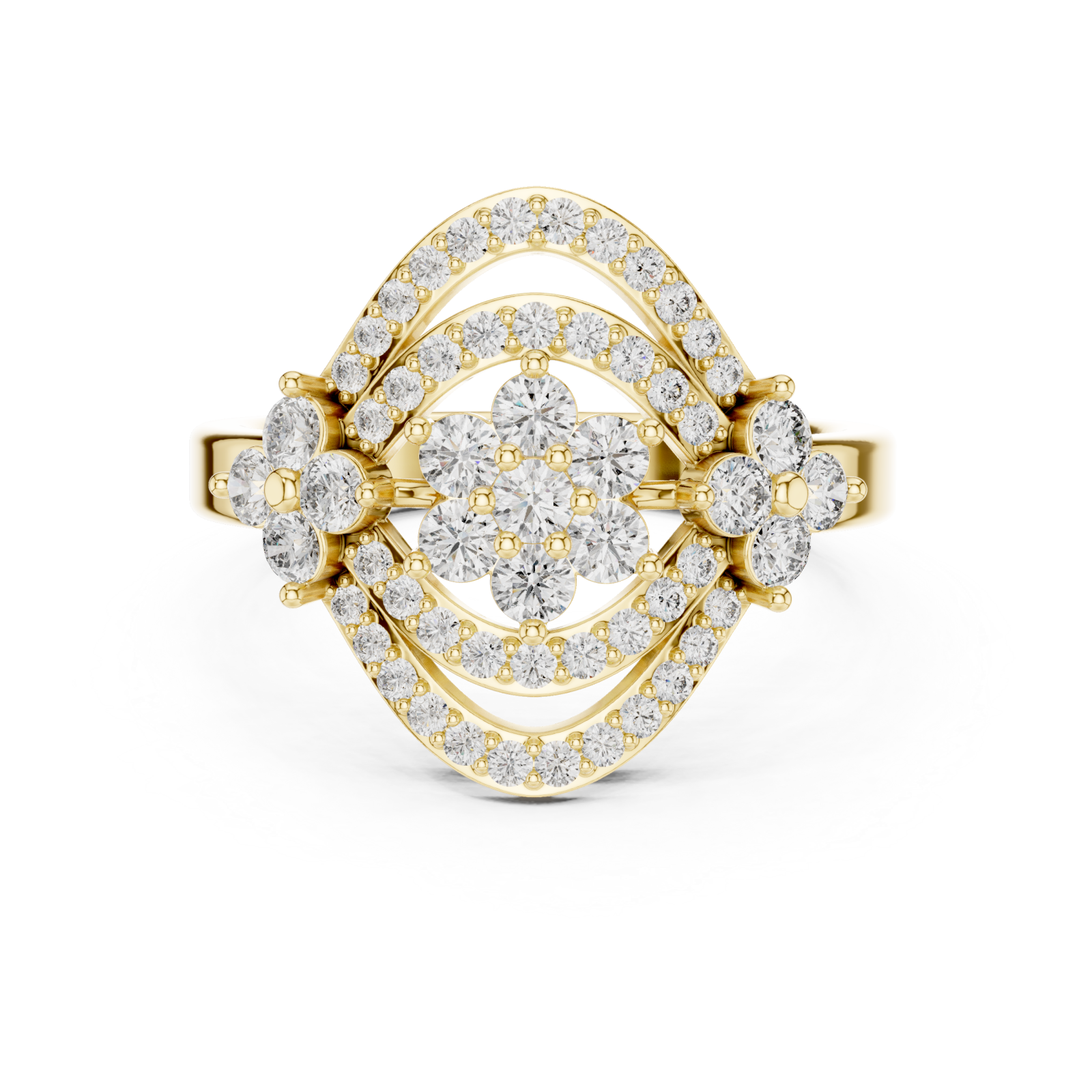  Gold Radiant Halo Contour Band Ring Front View