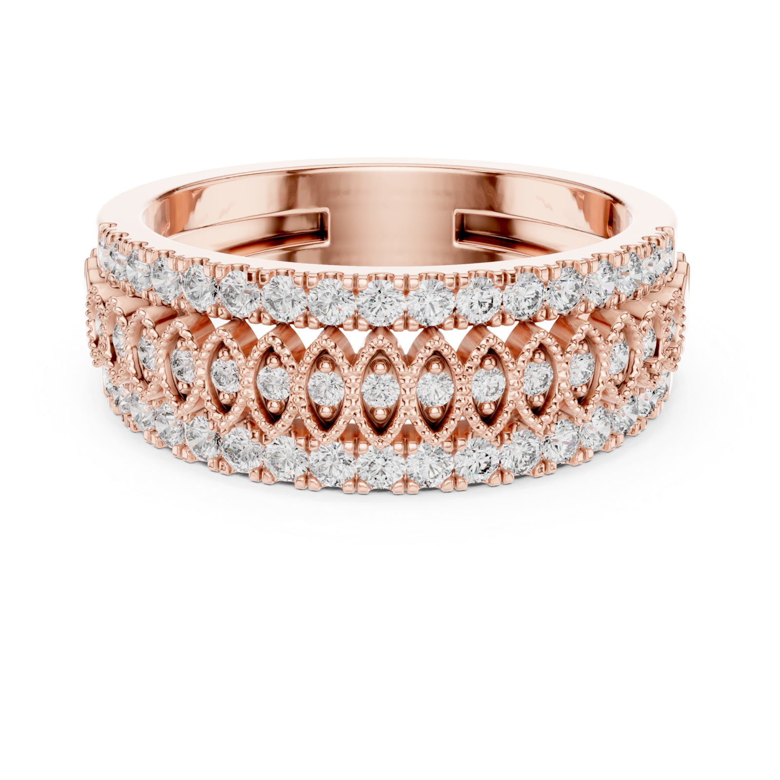  Rose Gold Fourfold Elegance Openwork Pavé Band Ring Front View
