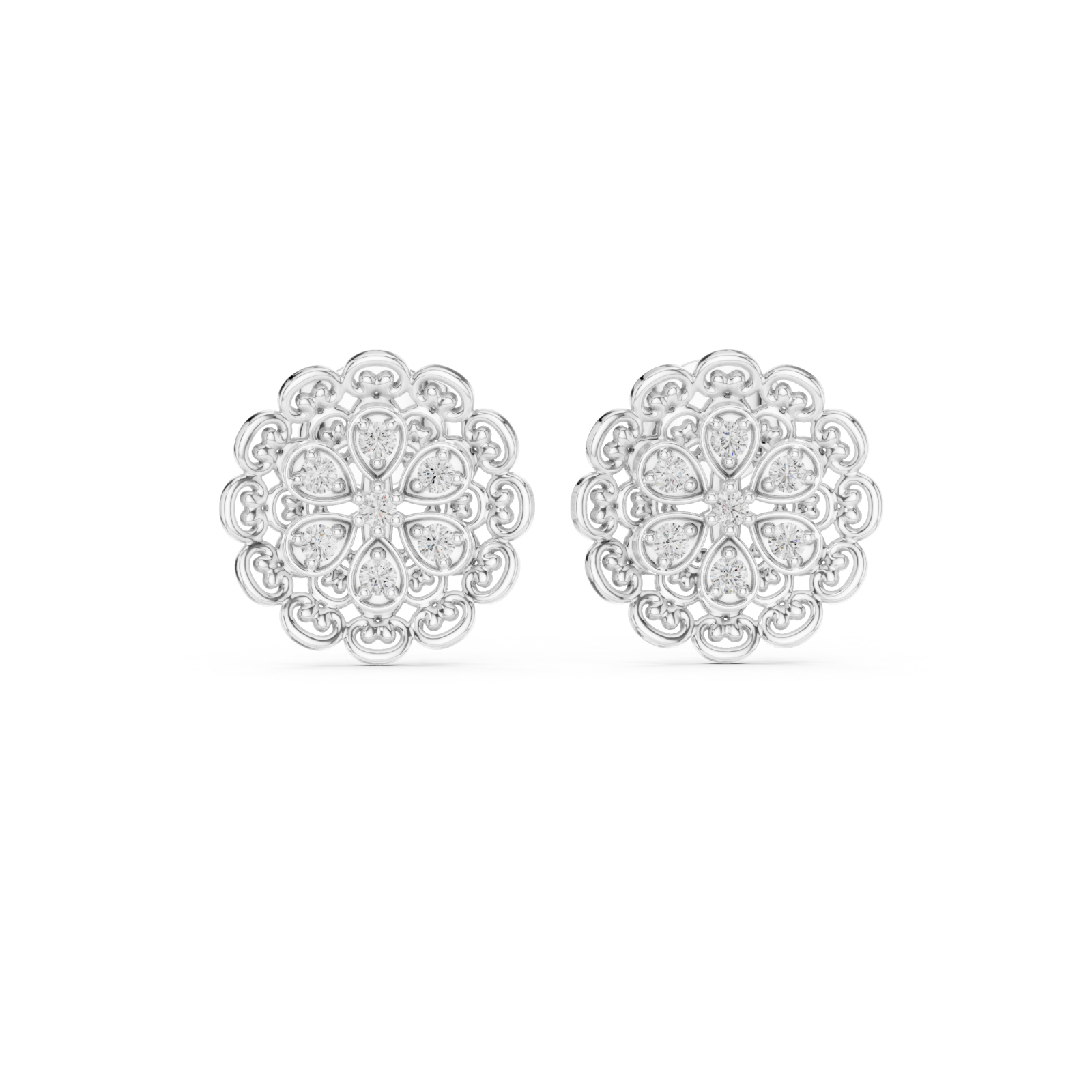  White Gold Radiant Round Petal Cluster Earrings Front View