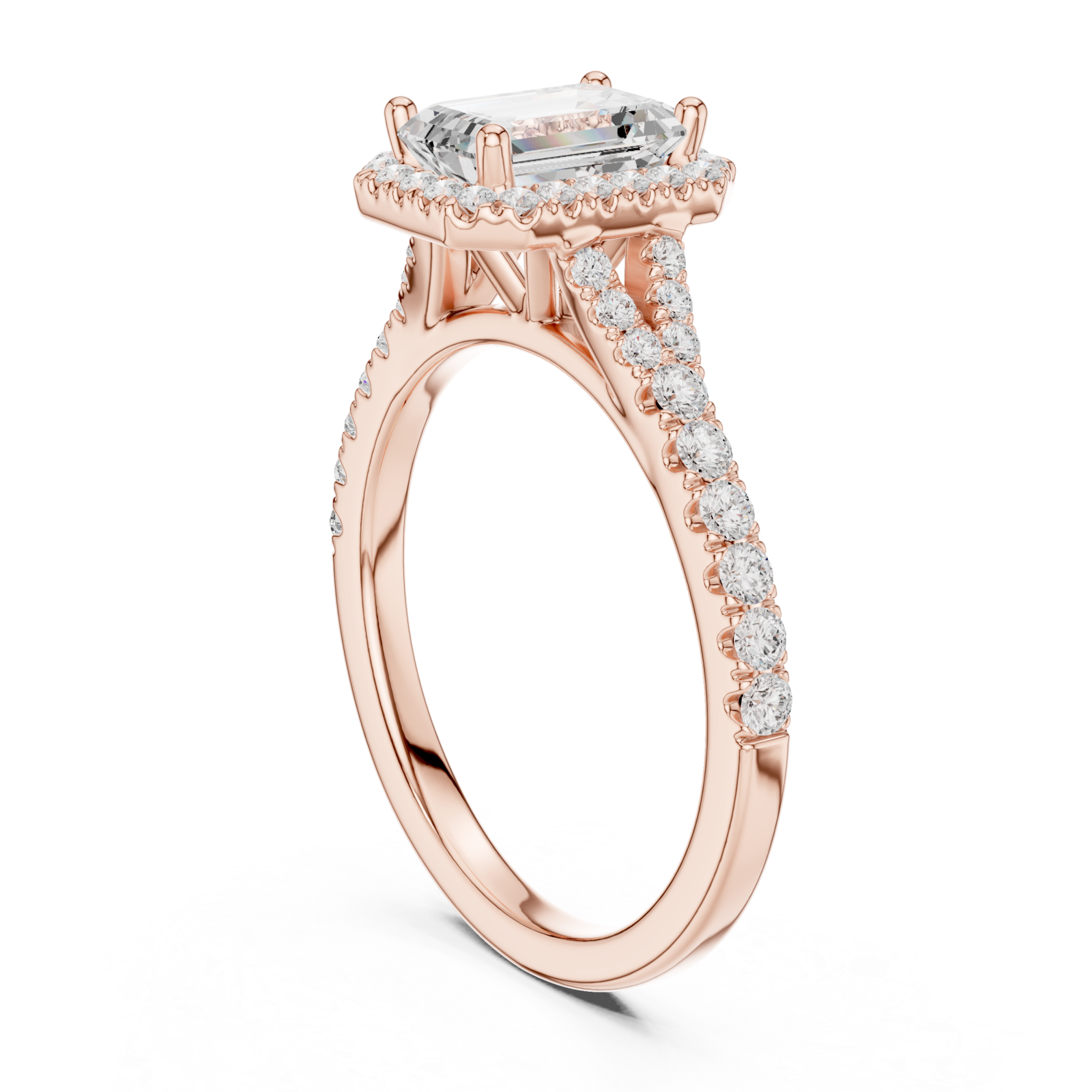  Rose Gold Celestial Radiance Emerald Halo Ring Left View