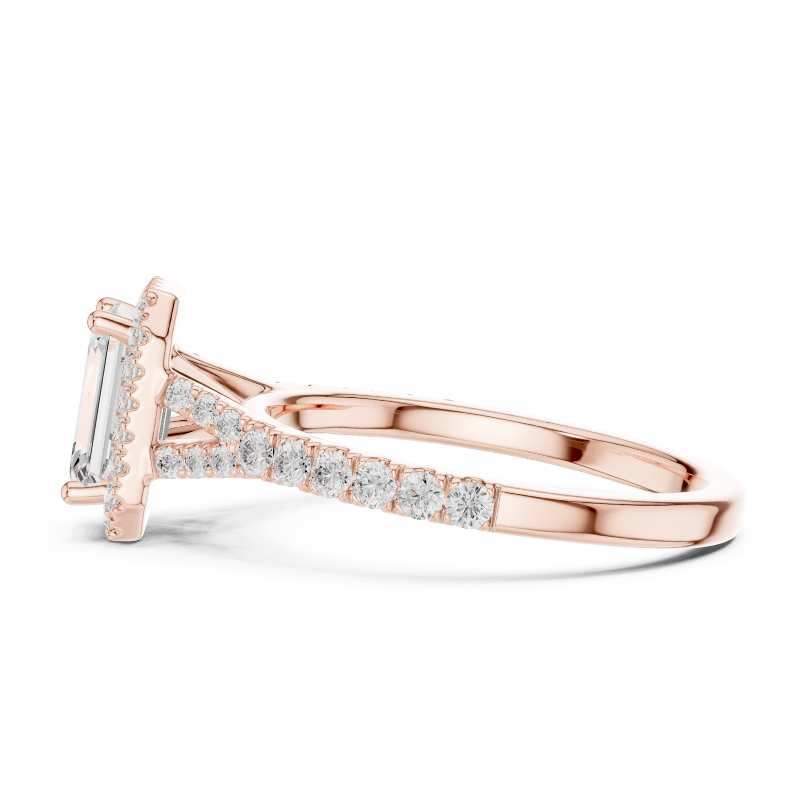  Rose Gold Celestial Radiance Emerald Halo Ring Side View