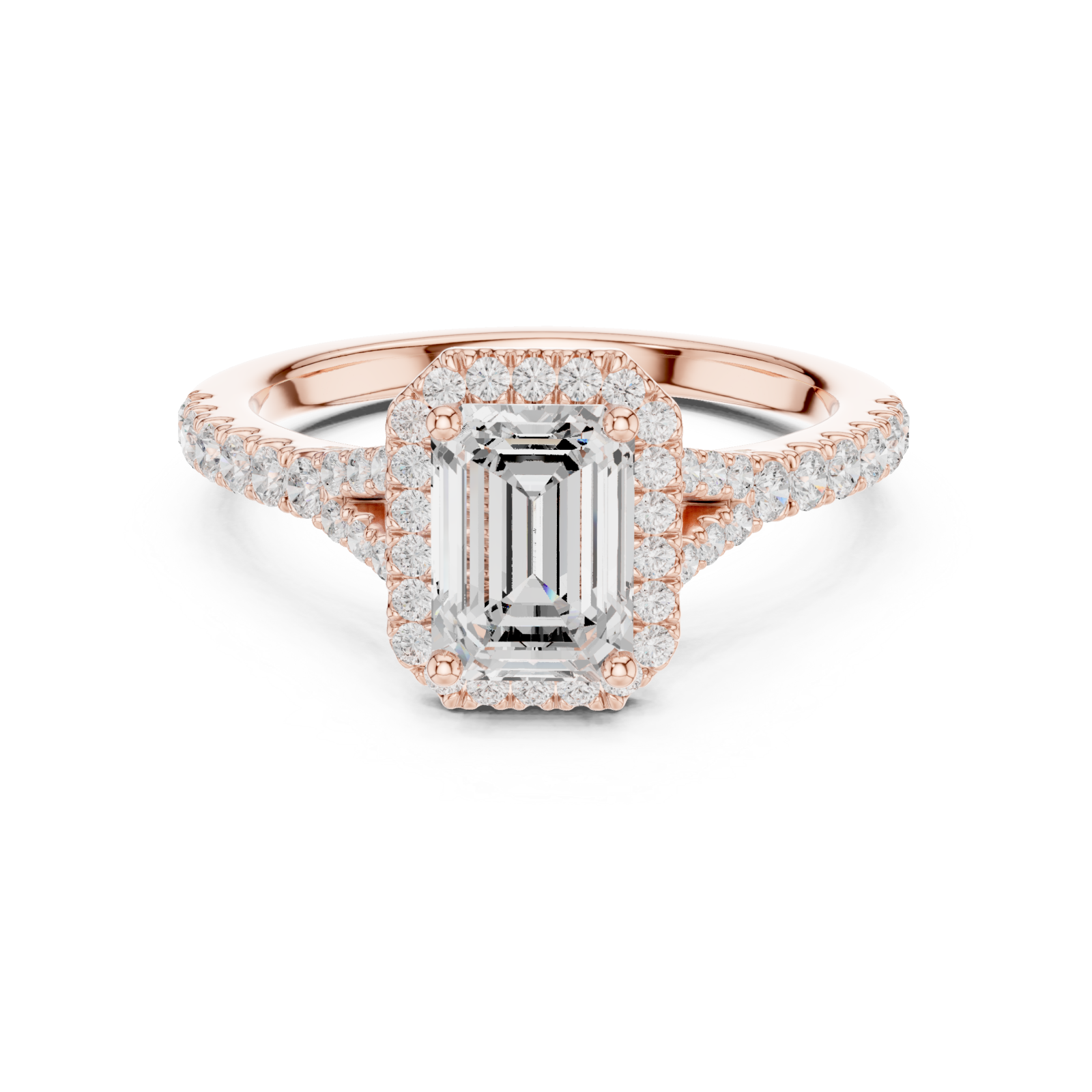  Rose Gold Celestial Radiance Emerald Halo Ring Front View