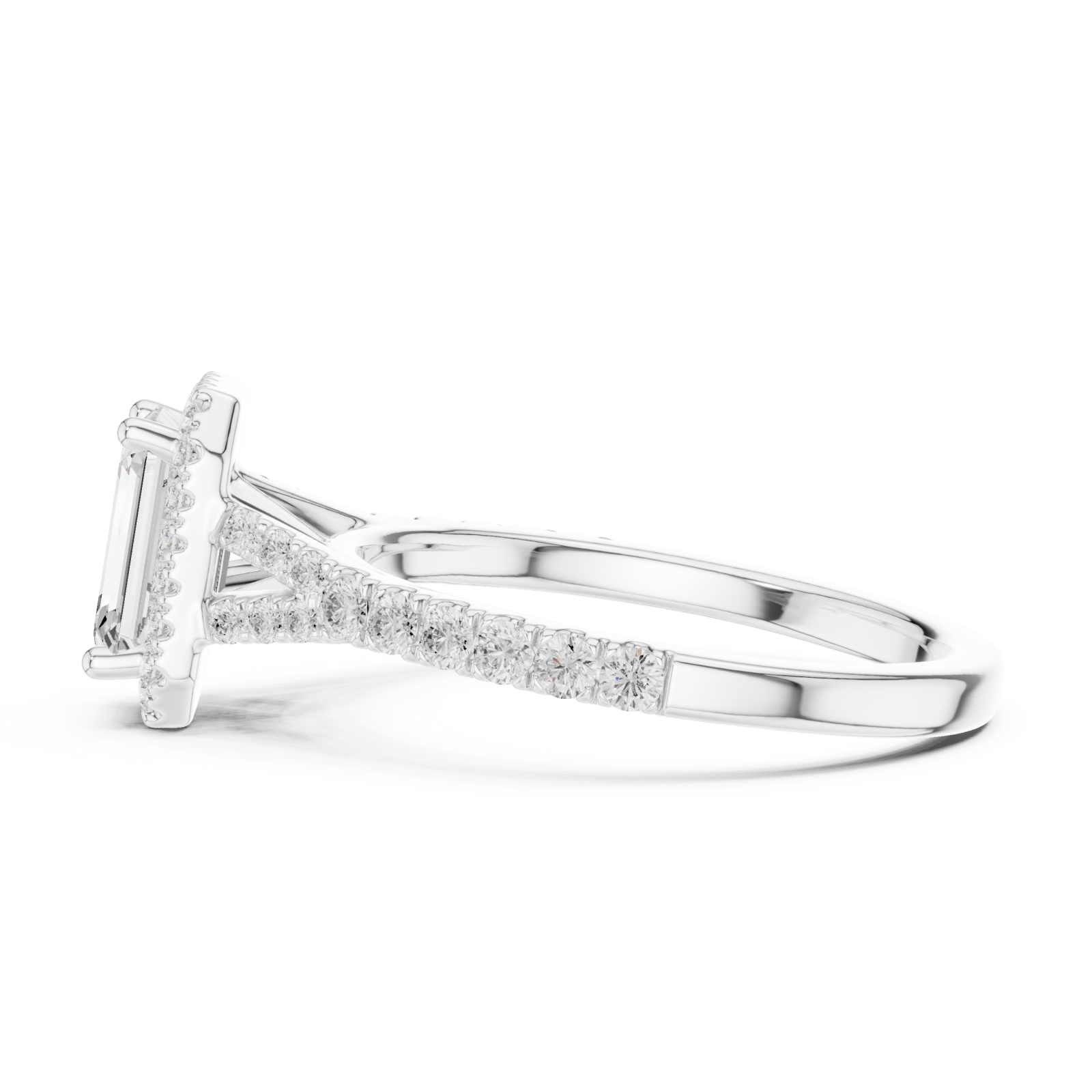  White Gold Celestial Radiance Emerald Halo Ring Side View