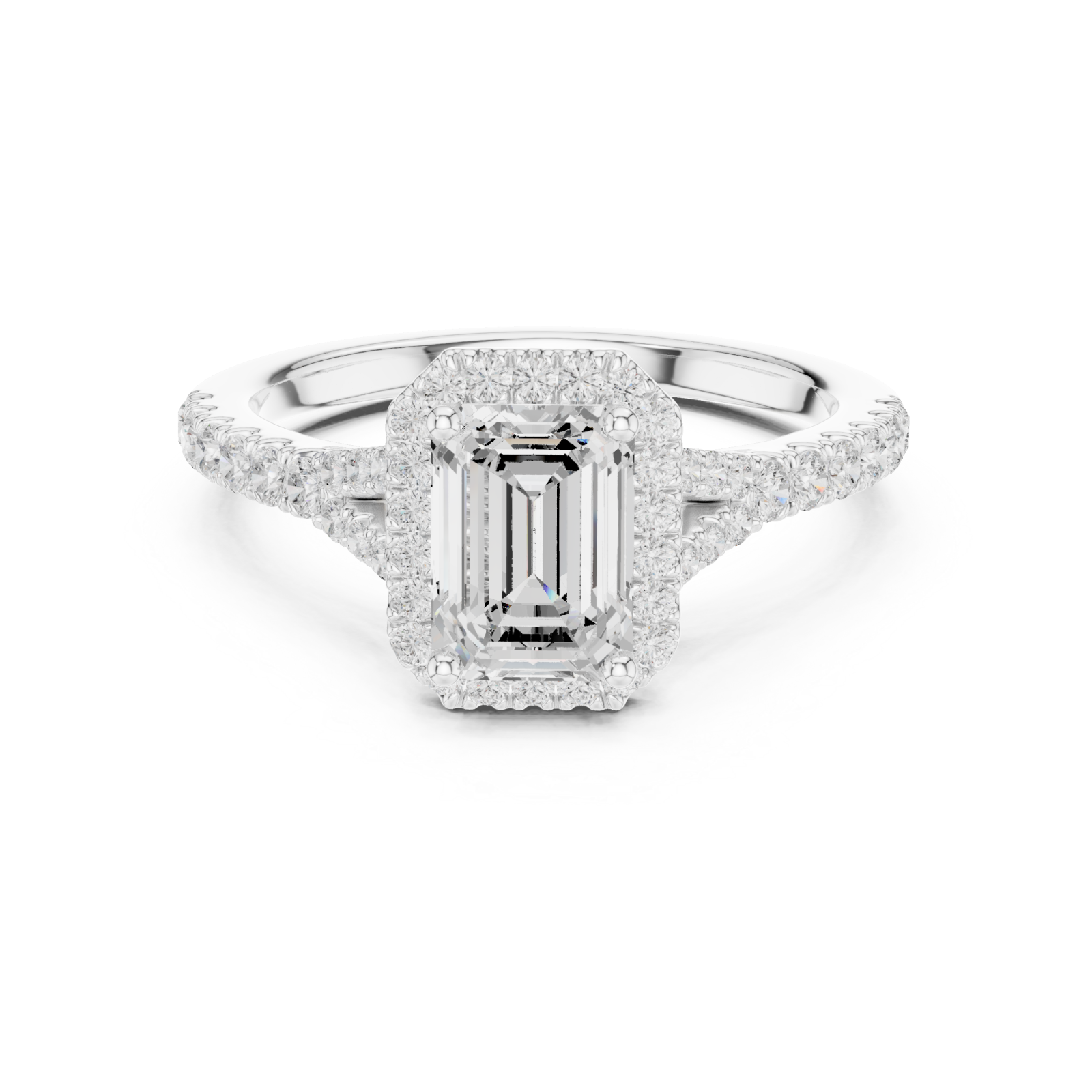  White Gold Celestial Radiance Emerald Halo Ring Front View