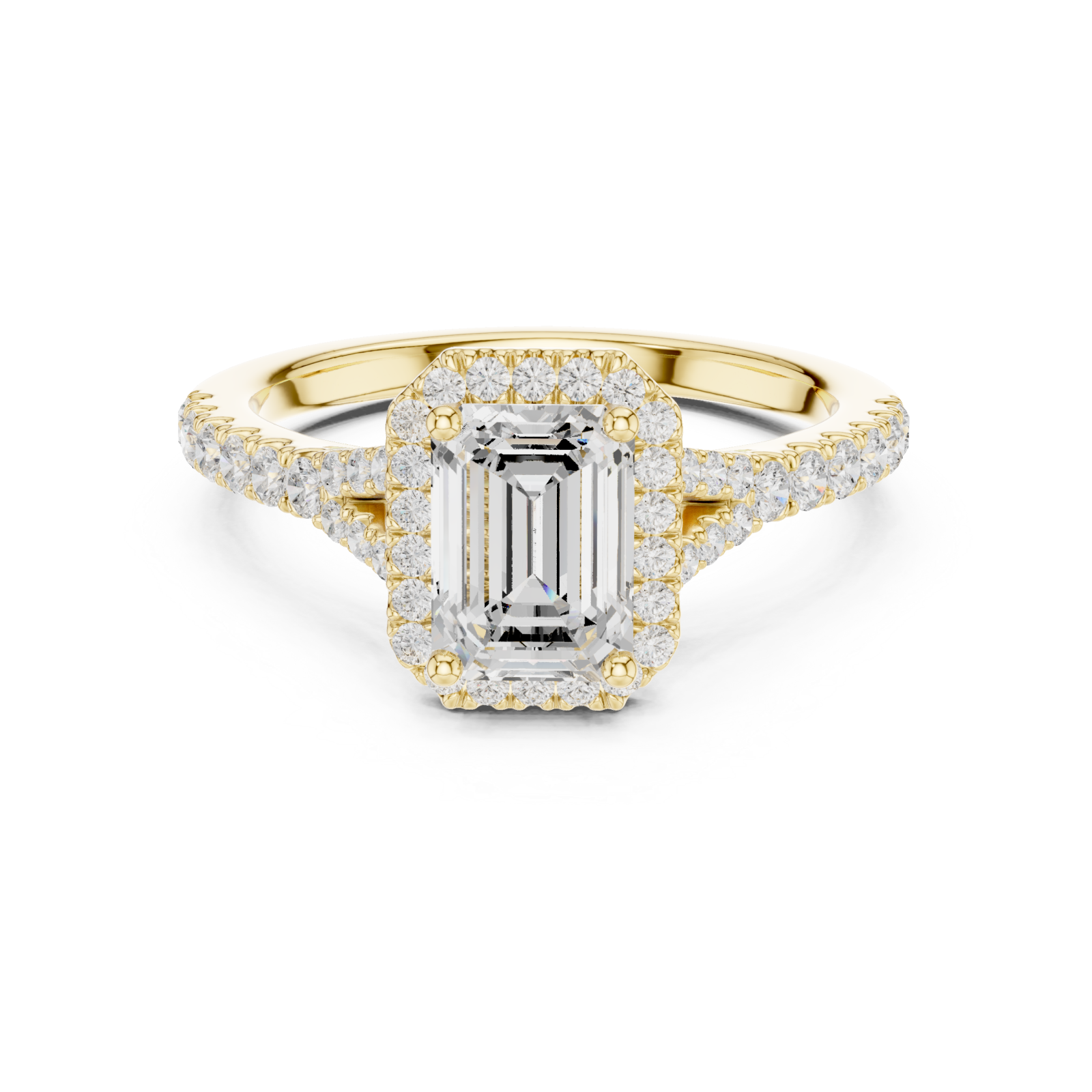  Gold Celestial Radiance Emerald Halo Ring Front View