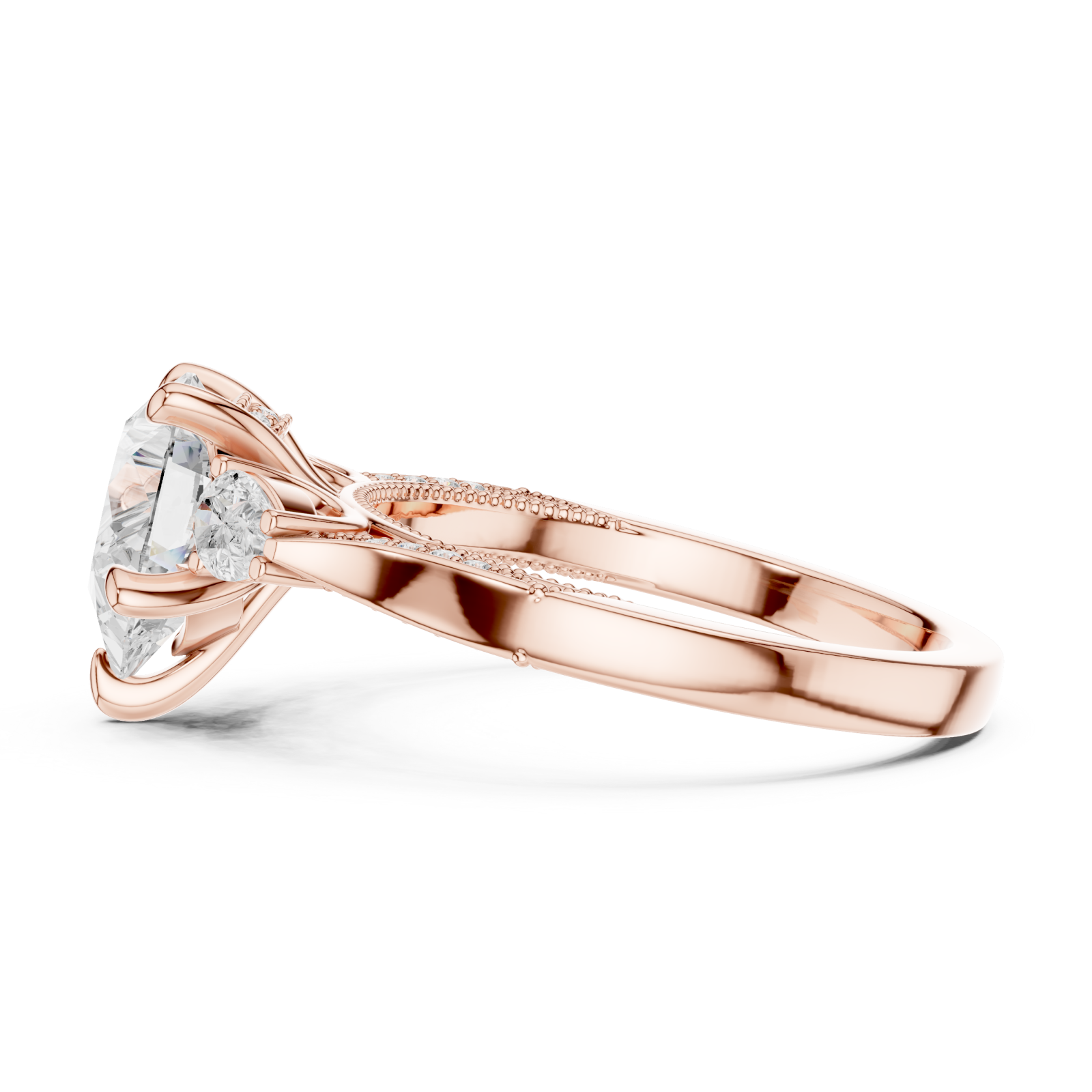  Rose Gold Opulent Whisper Three Stone Promise Ring Side View