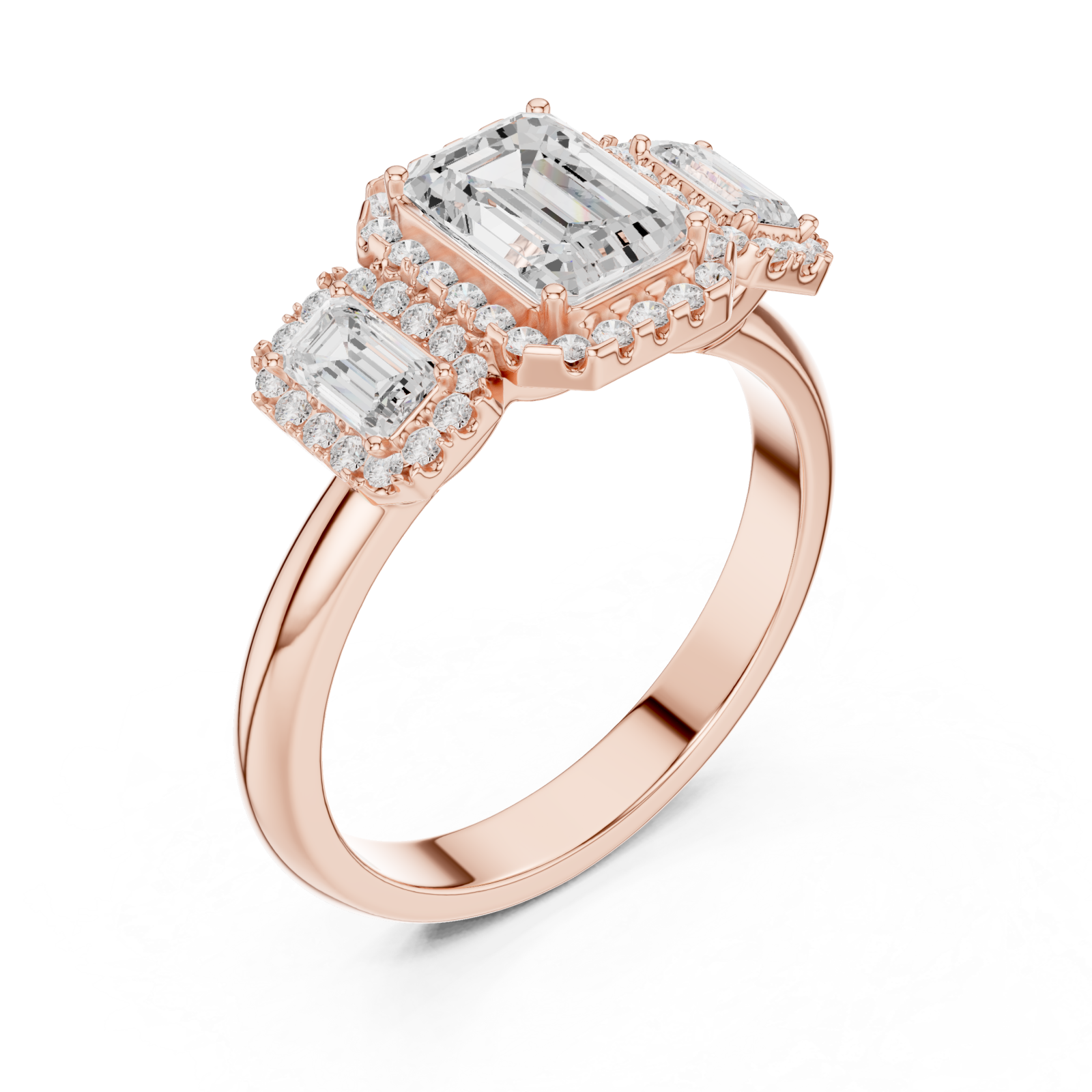  Rose Gold Radiant Trio Halo Ring Right View