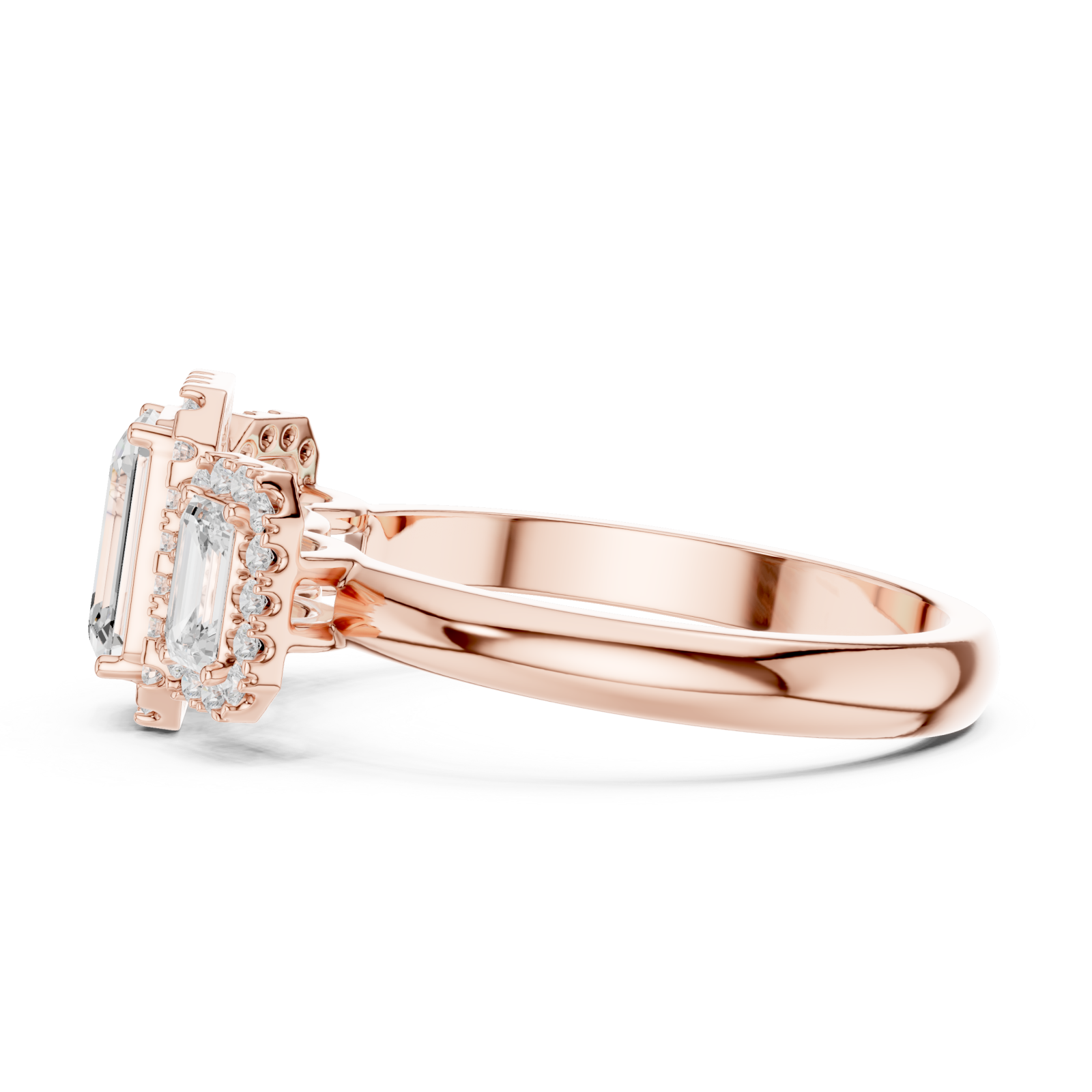  Rose Gold Radiant Trio Halo Ring Side View