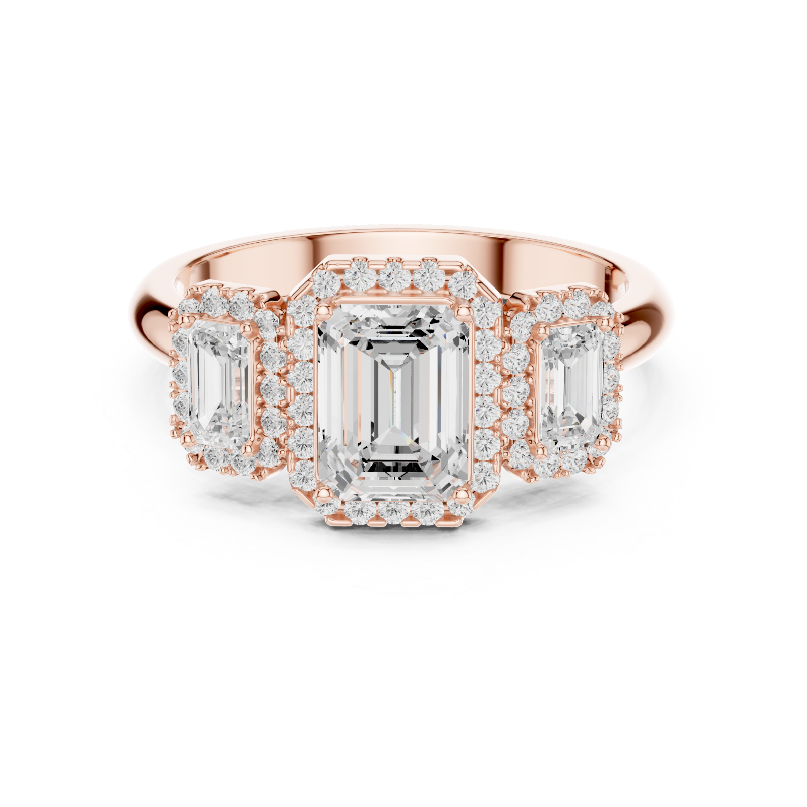  Rose Gold Radiant Trio Halo Ring Front View