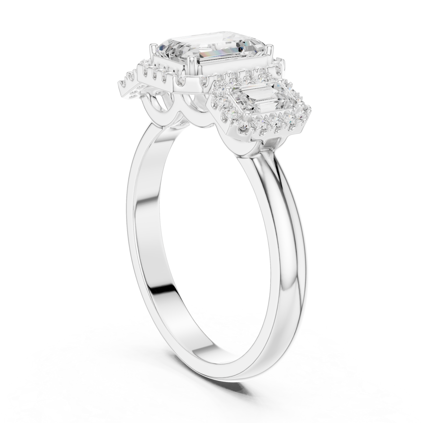  White Gold Radiant Trio Halo Ring Left View