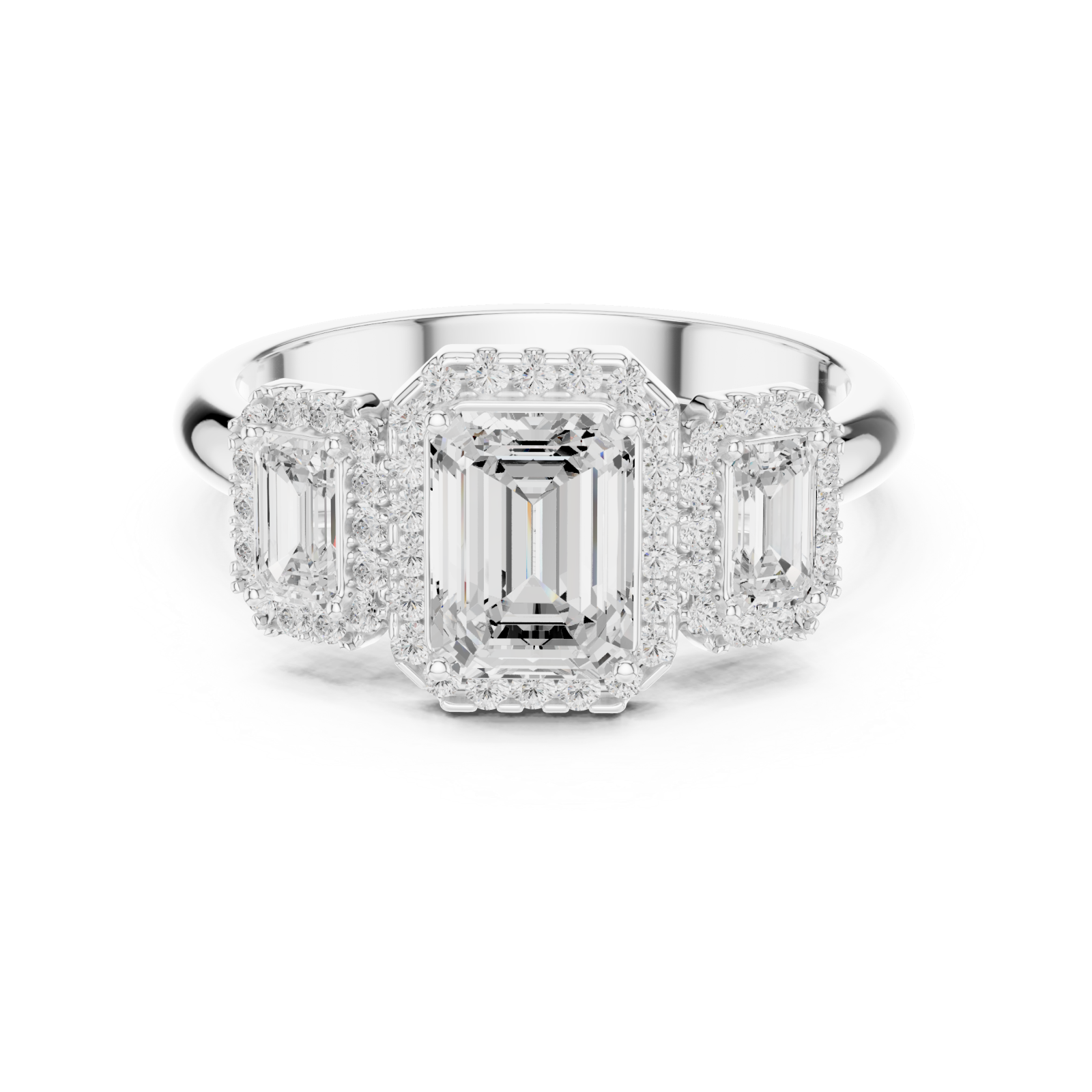  White Gold Radiant Trio Halo Ring Front View