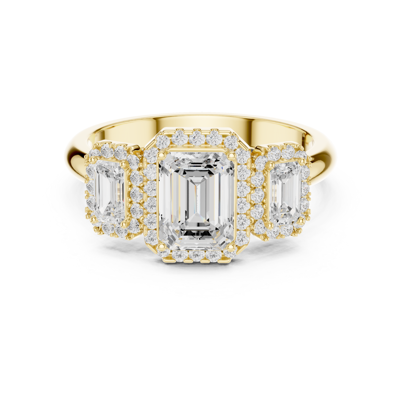  Gold Radiant Trio Halo Ring Front View