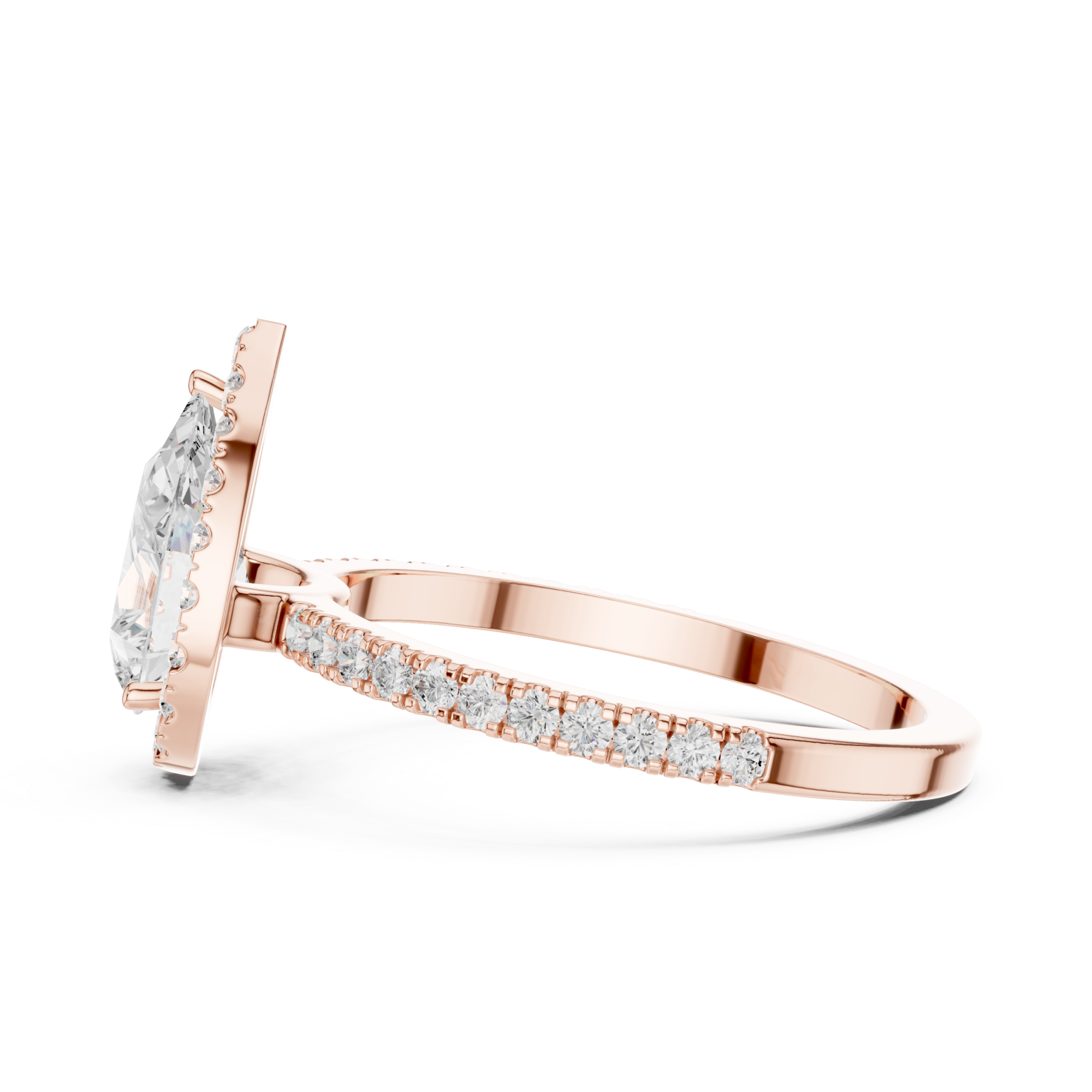  Rose Gold Radiant Teardrop Halo Ring Side View
