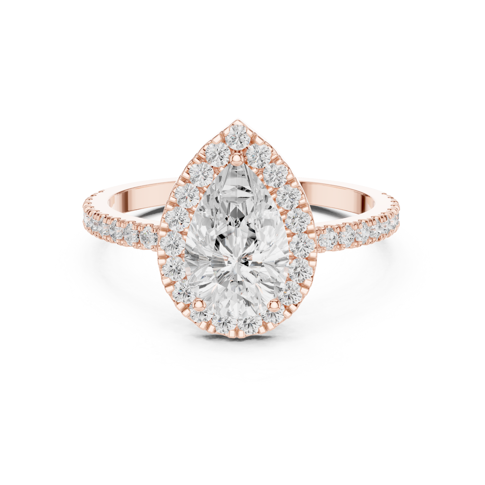  Rose Gold Radiant Teardrop Halo Ring Front View