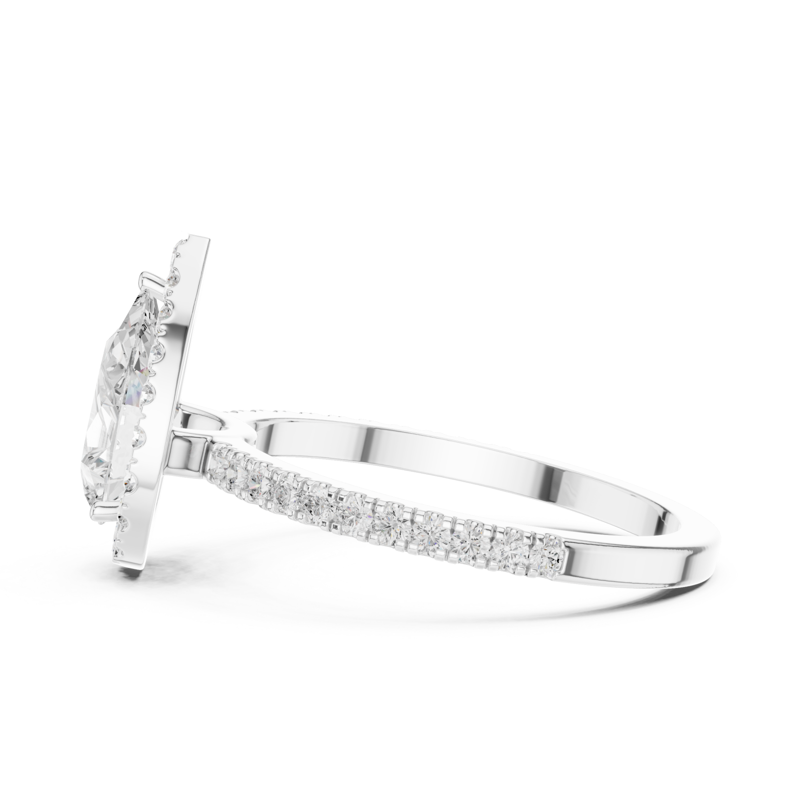  White Gold Radiant Teardrop Halo Ring Side View