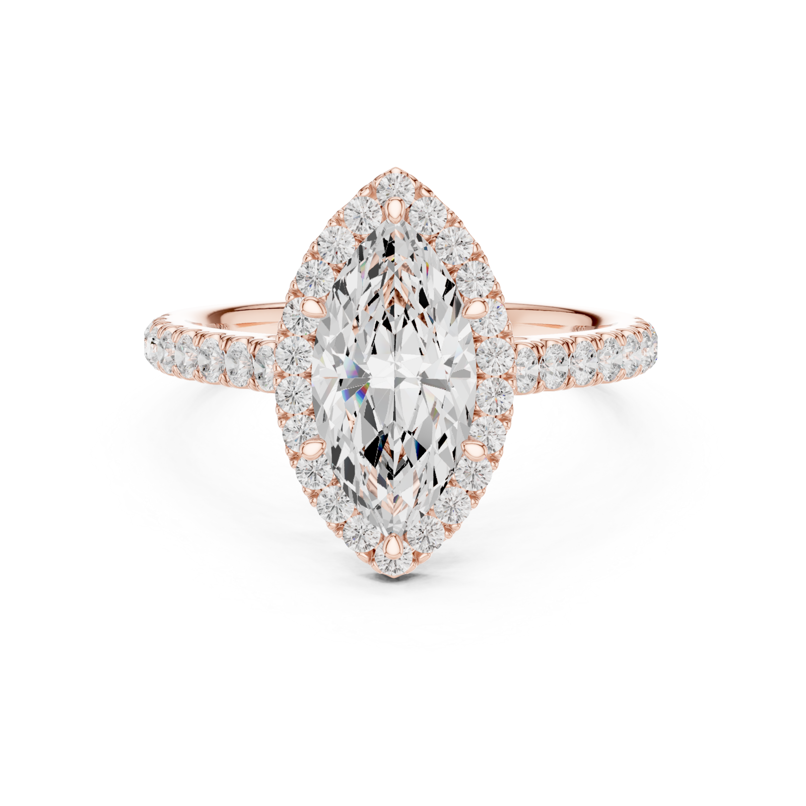  Rose Gold Lustrous Radiance Marquis Halo Ring Front View