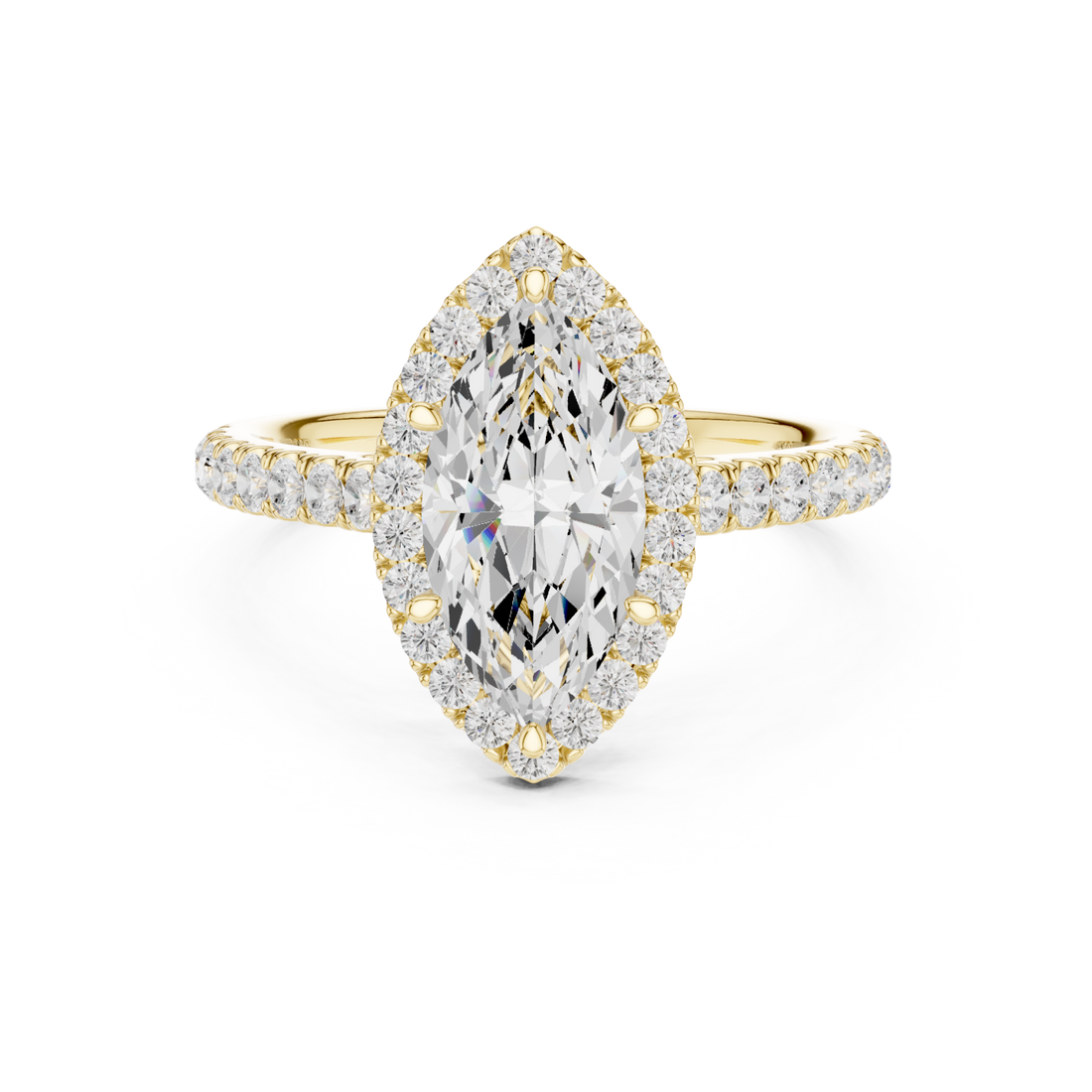 Gold Lustrous Radiance Marquis Halo Ring Front View