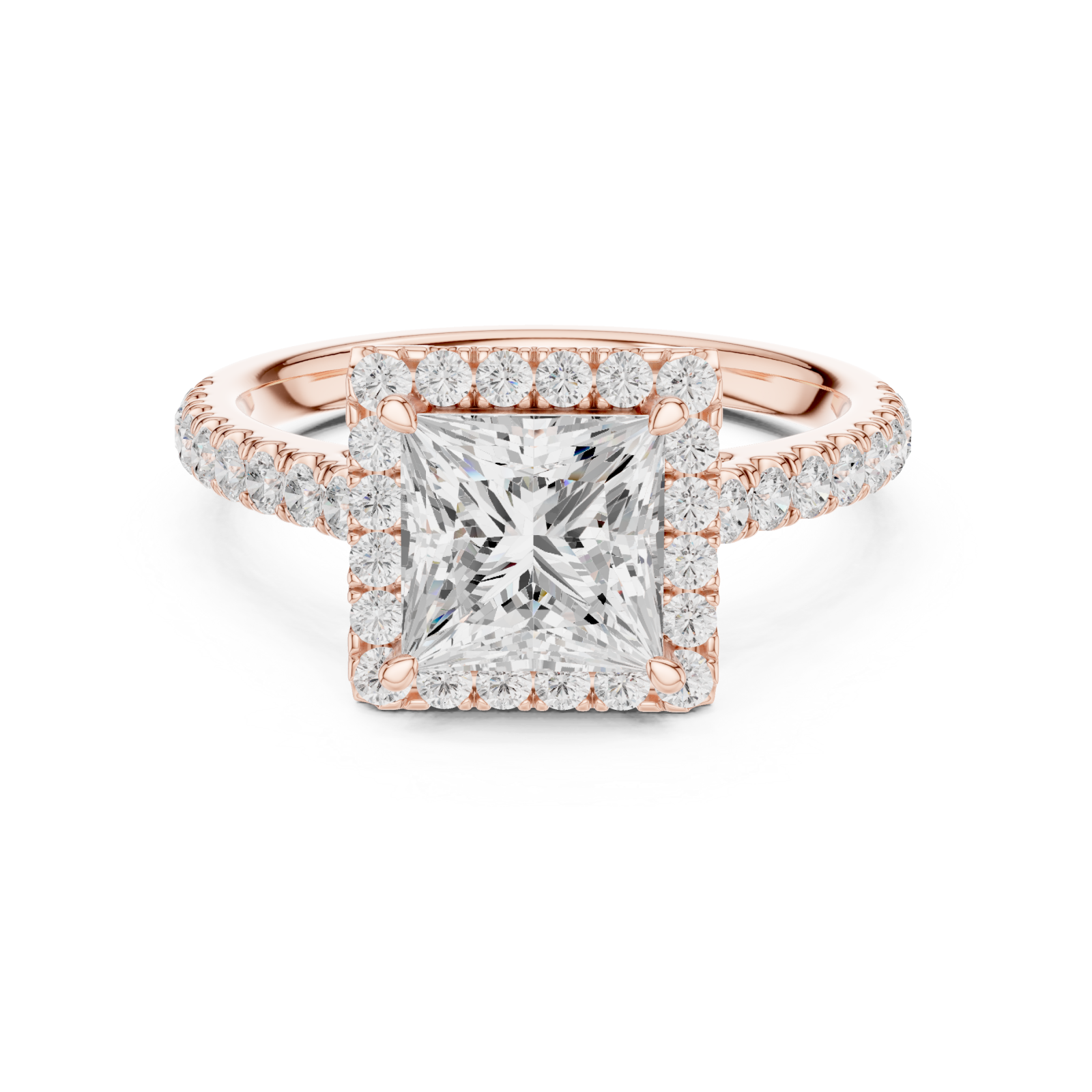  Rose Gold Classic Regal Square Halo Ring Front View