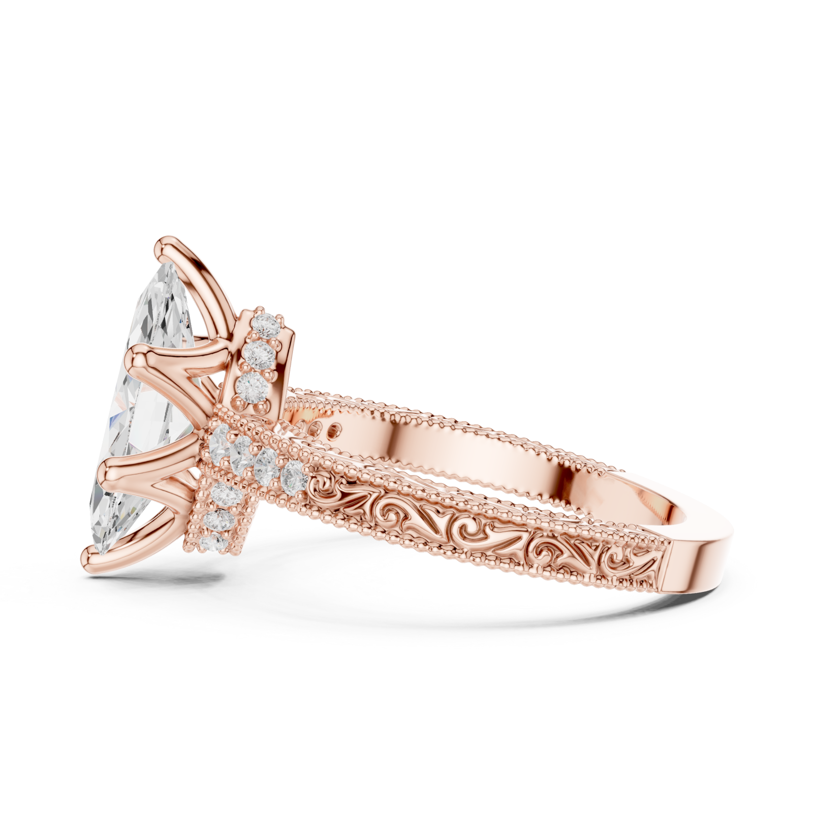  Rose Gold Petal Flourish Halo Ring Side View