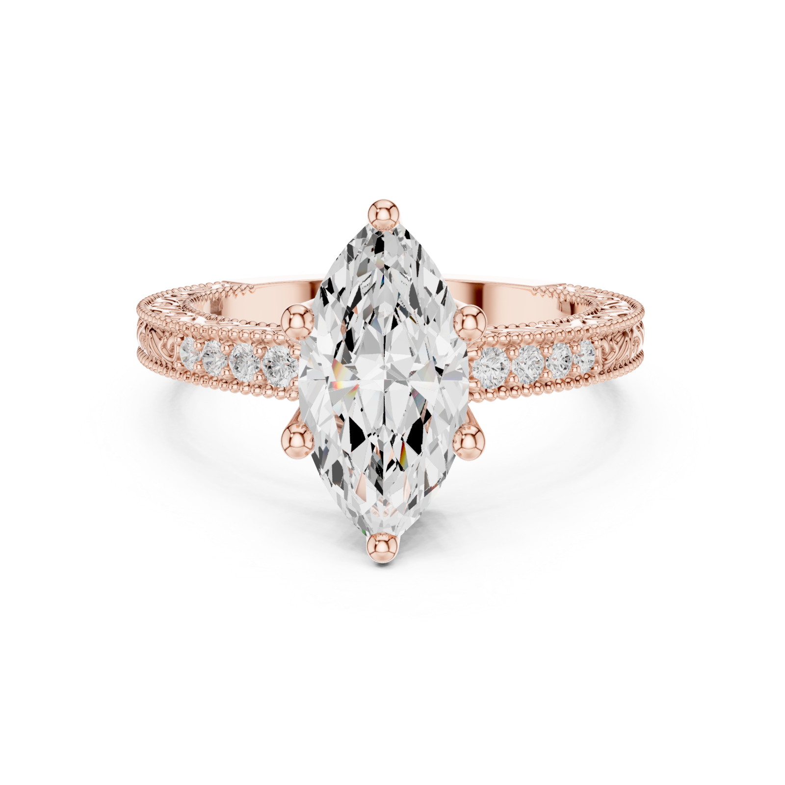  Rose Gold Petal Flourish Halo Ring Front View