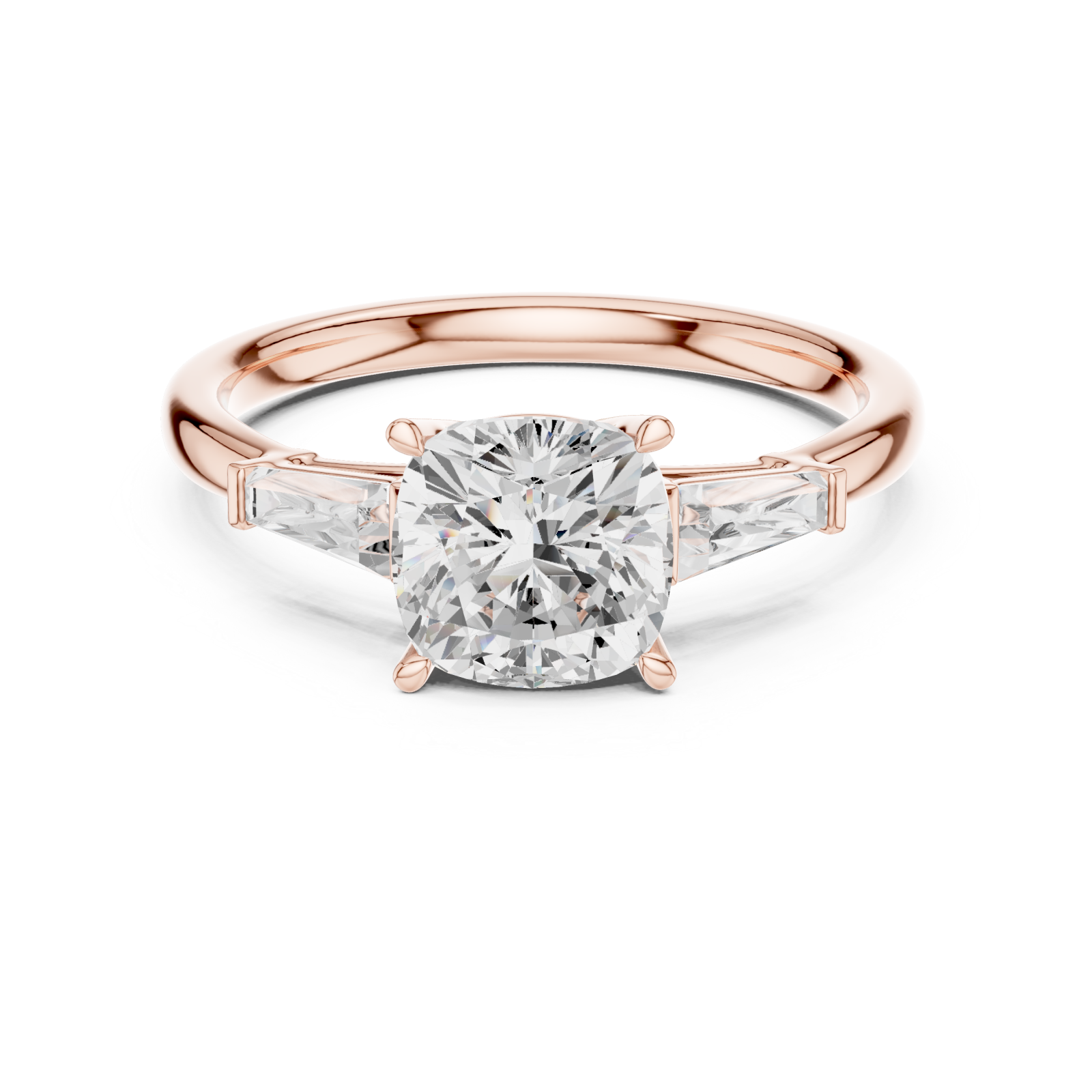  Rose Gold Radiant Serenity Three Stone Halo Ring Front View