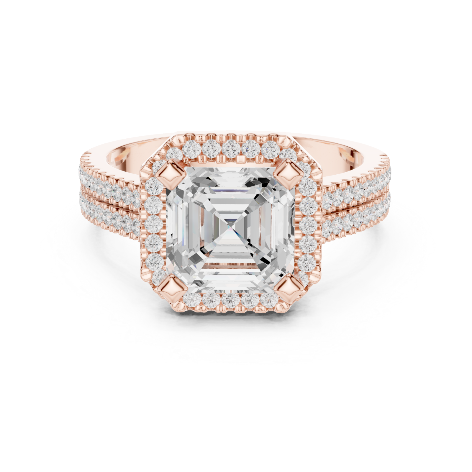  Rose Gold Lustrous Royal Halo Ring Front View