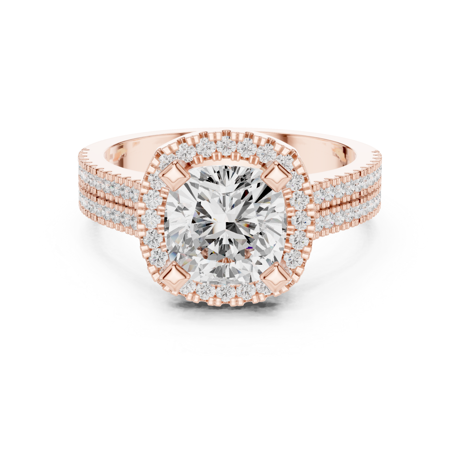 Rose Gold Grandeur Cushion Halo Ring Front View
