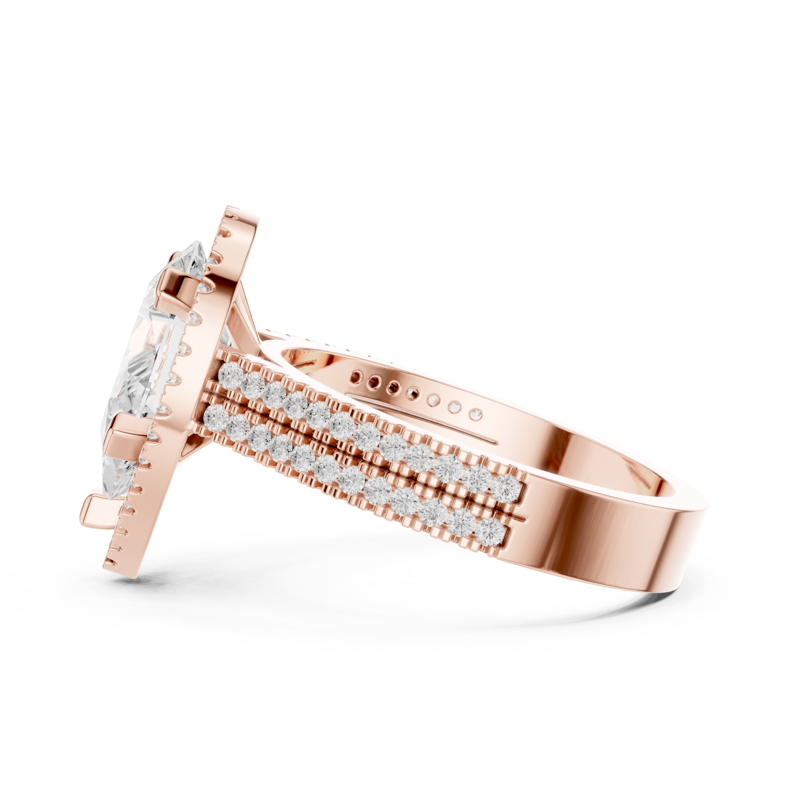  Rose Gold Radiant Majesty Pear Halo Ring Side View