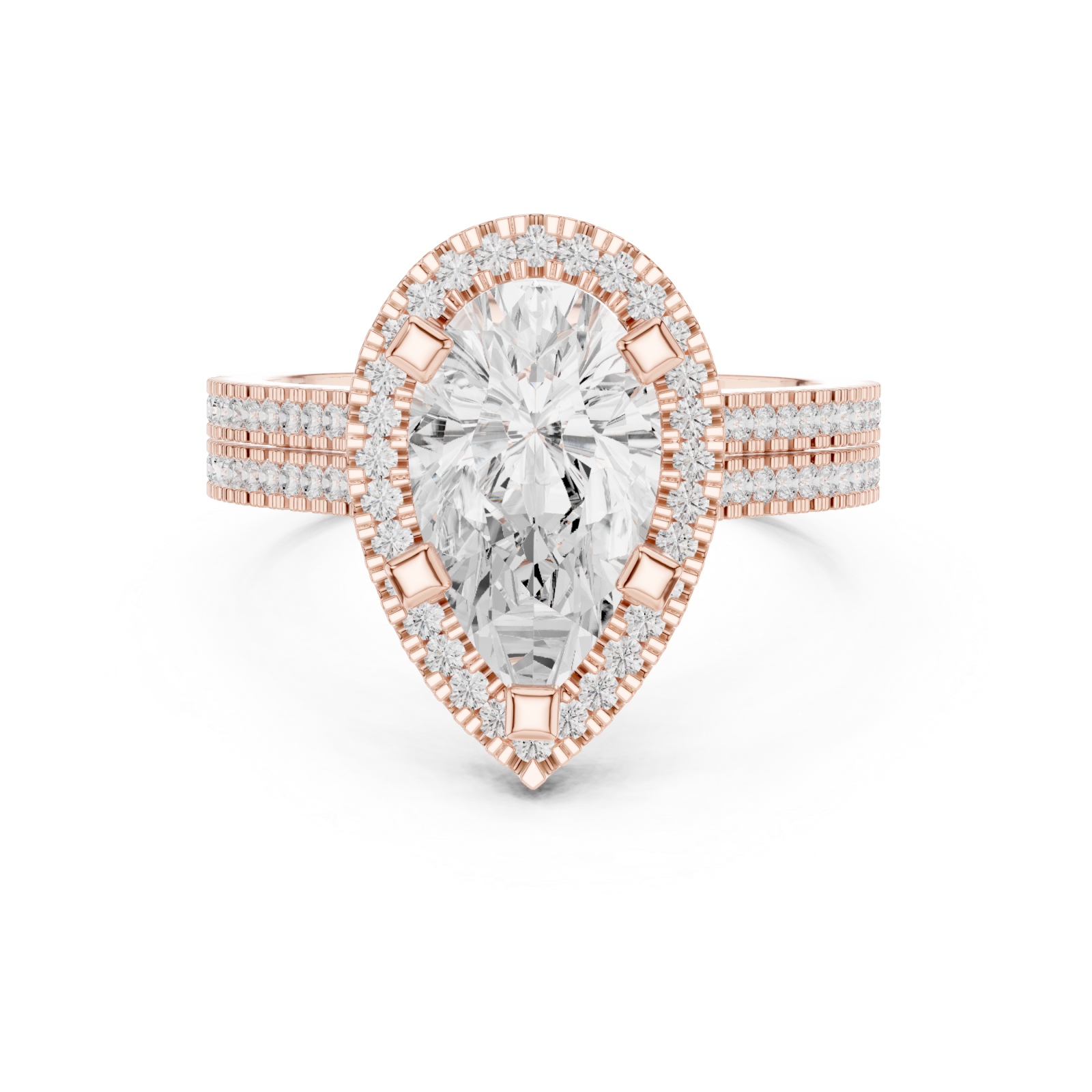  Rose Gold Radiant Majesty Pear Halo Ring Front View