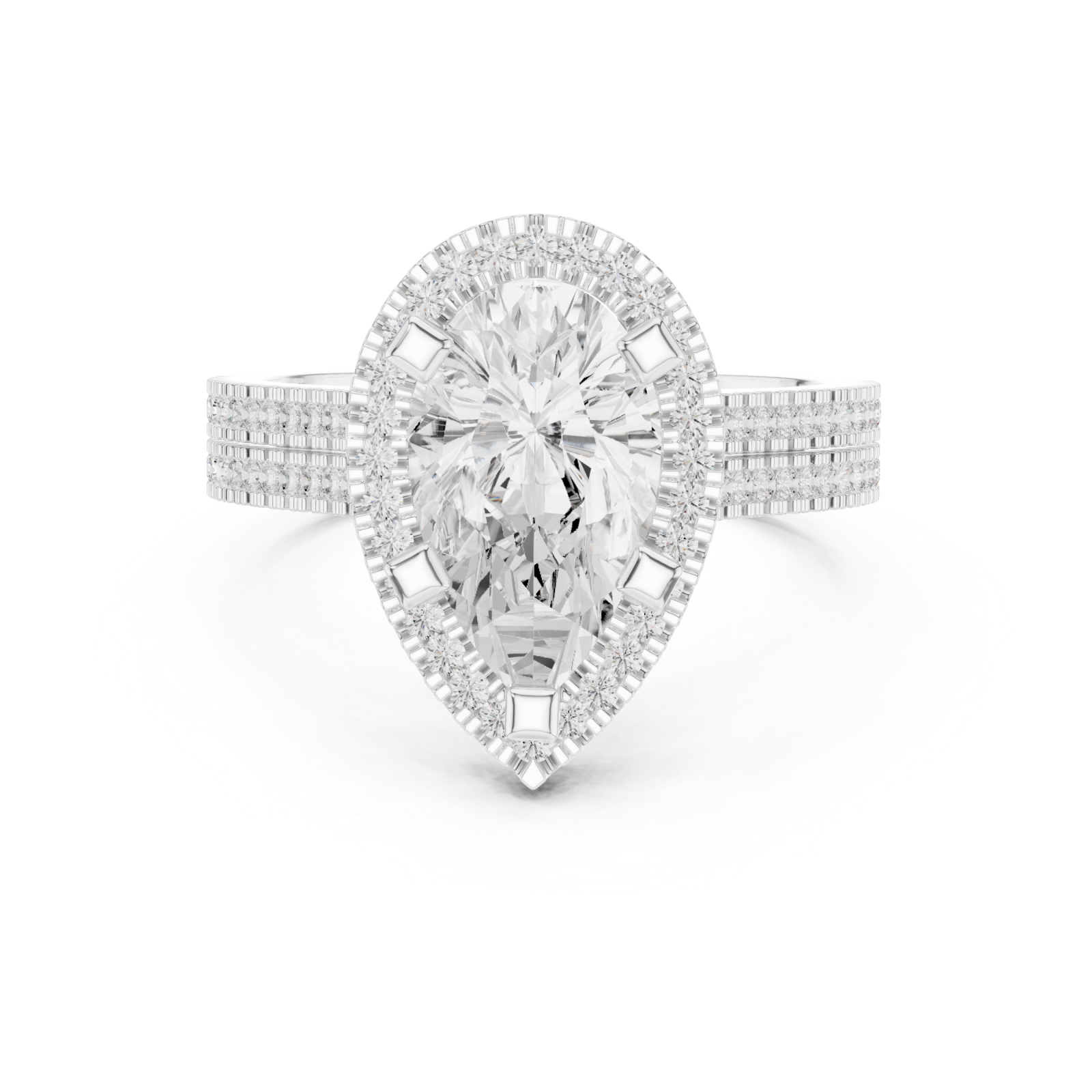  White Gold Radiant Majesty Pear Halo Ring Front View