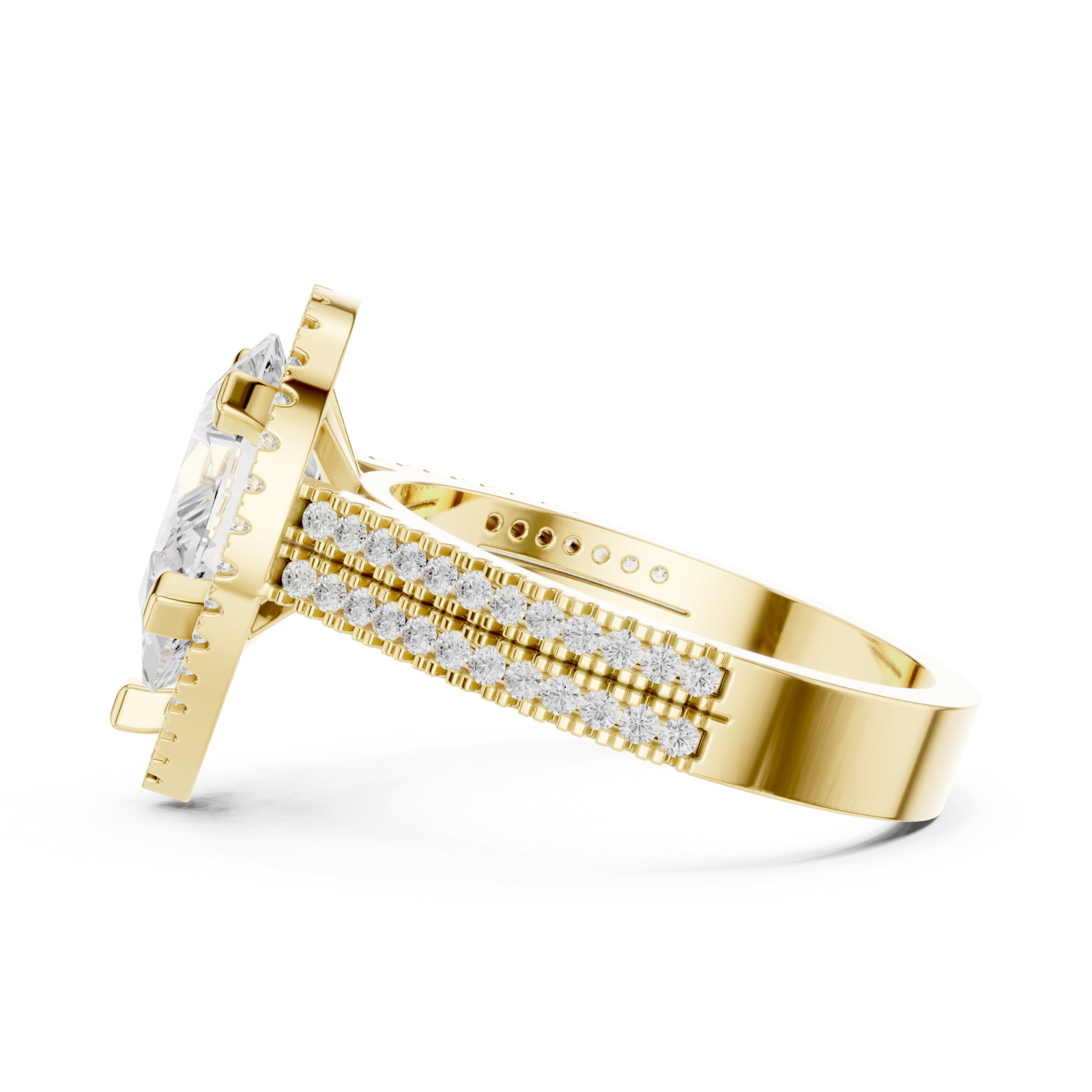  Gold Radiant Majesty Pear Halo Ring Side View