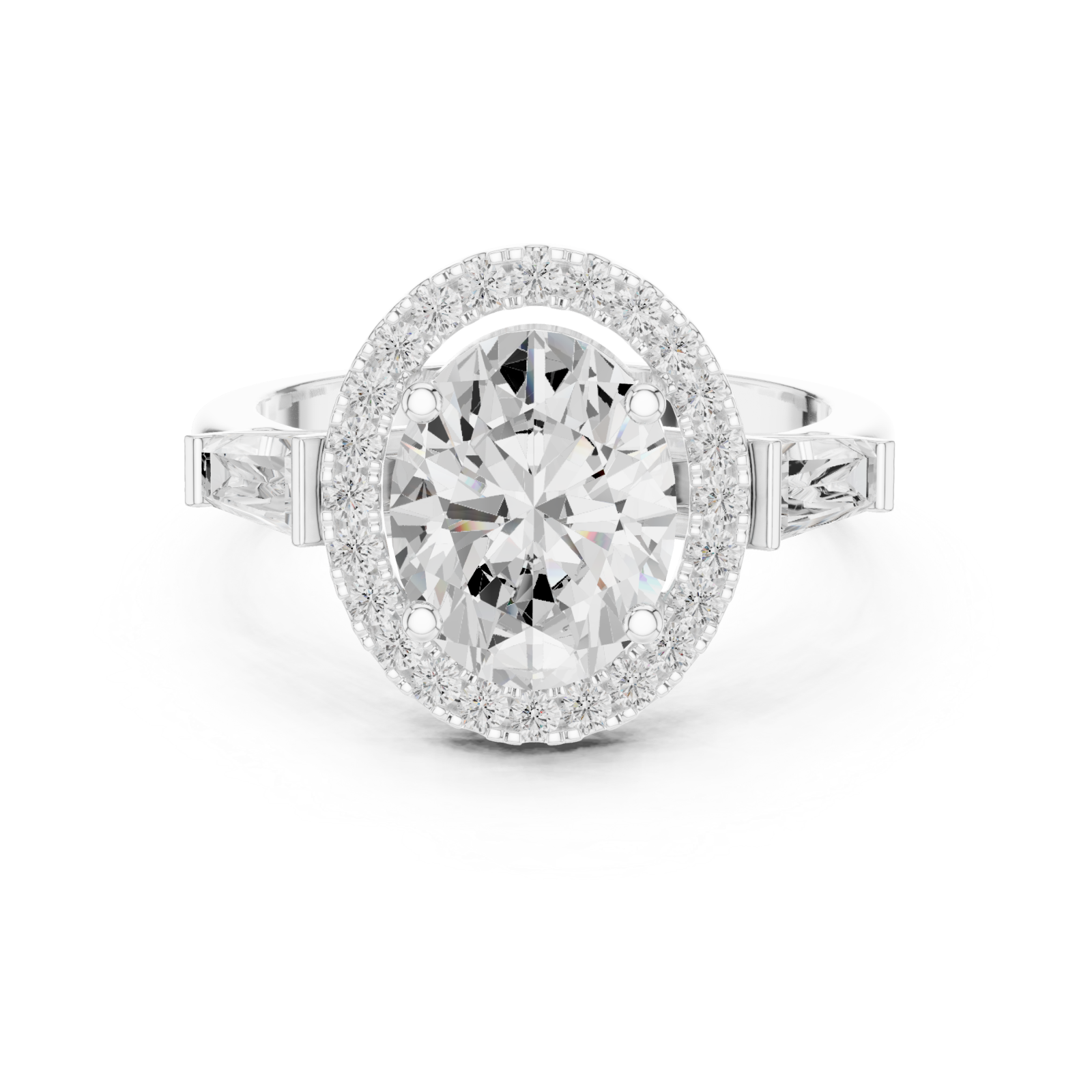  White Gold Lustrous Halo Oval Ring Front View